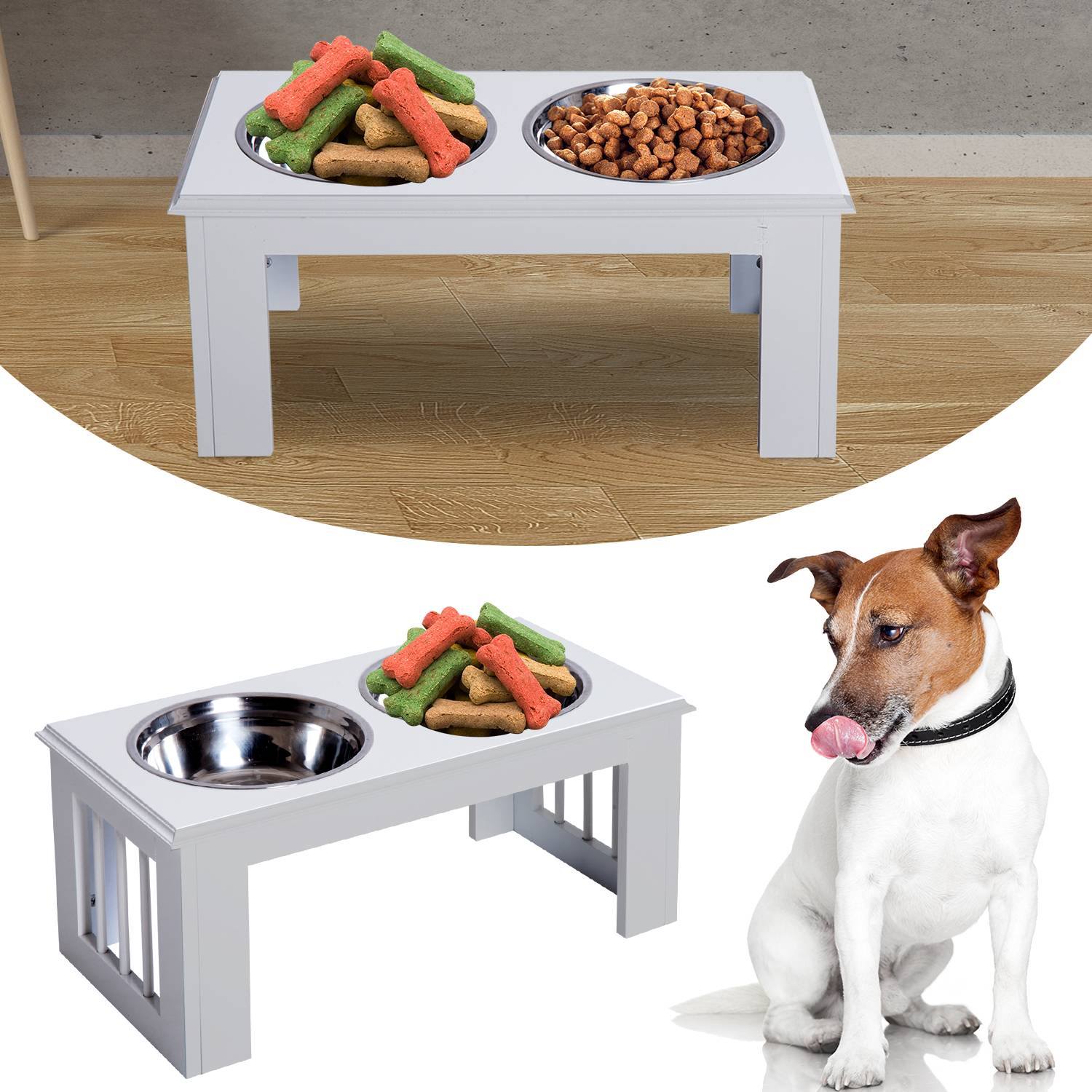 ComfortXL - Station repas surélevée pour chien MDF et inox 58,4 x 30,5 x 25,4 cm blanche 2 gamelles 2 L hygiéniques - Image 1