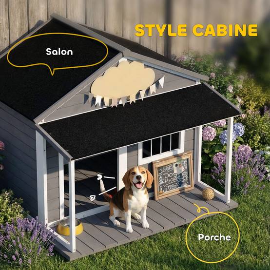 Niche chien extérieur bois sapin terrasse toit bitumé aération 124x112x105cm gris - ComfortXL Outdoor Living - Image 6