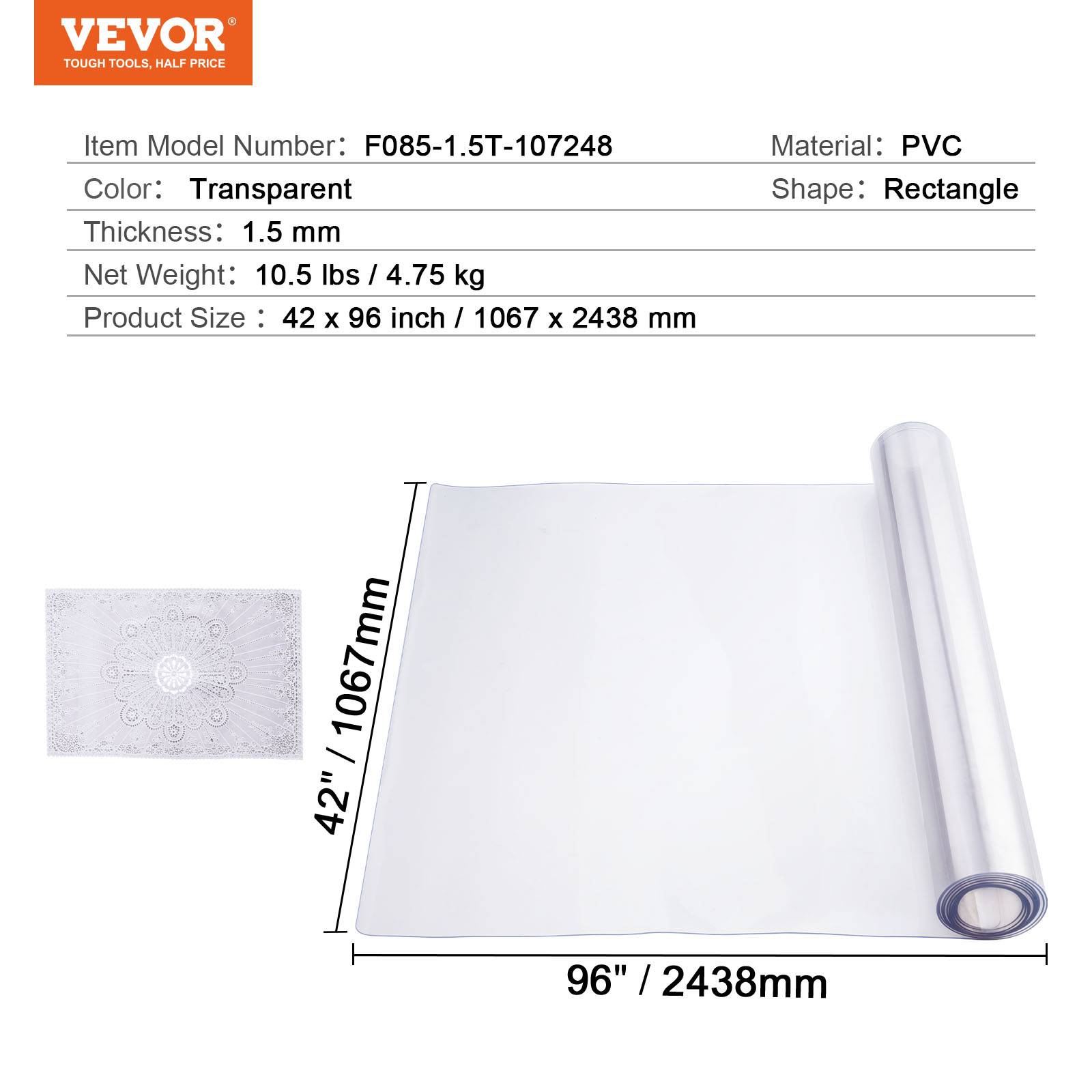 Vevor - VEVOR Protection bureau PVC transparent, 42x96", 1.5mm, rectangulaire, résistant eau, nettoyage. - Image 7