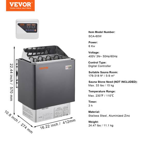VEVOR Poêle de sauna électrique portable 6kW 400V 3N, minuterie 3h, contrôleur numérique, max 110°C, pour 5-9m³. - Image 7