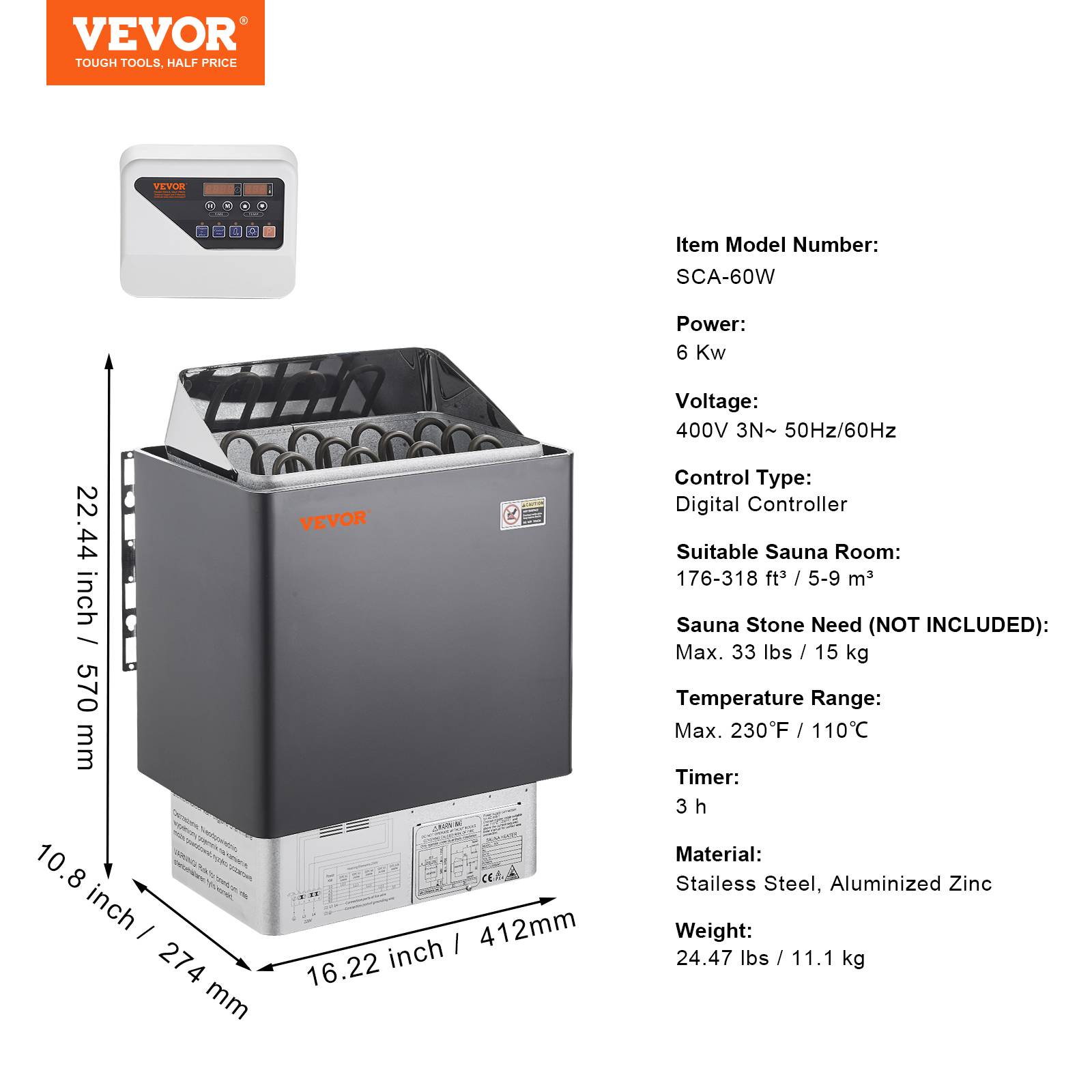 VEVOR Poêle de sauna électrique portable 6kW 400V 3N, minuterie 3h, contrôleur numérique, max 110°C, pour 5-9m³. - Image 7