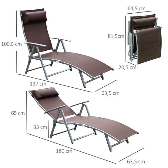 transat Chaise Longue Bain de Soleil Pliable Dossier inclinable - 137x64x100.5cm Métal Marron fr579 - Image 5