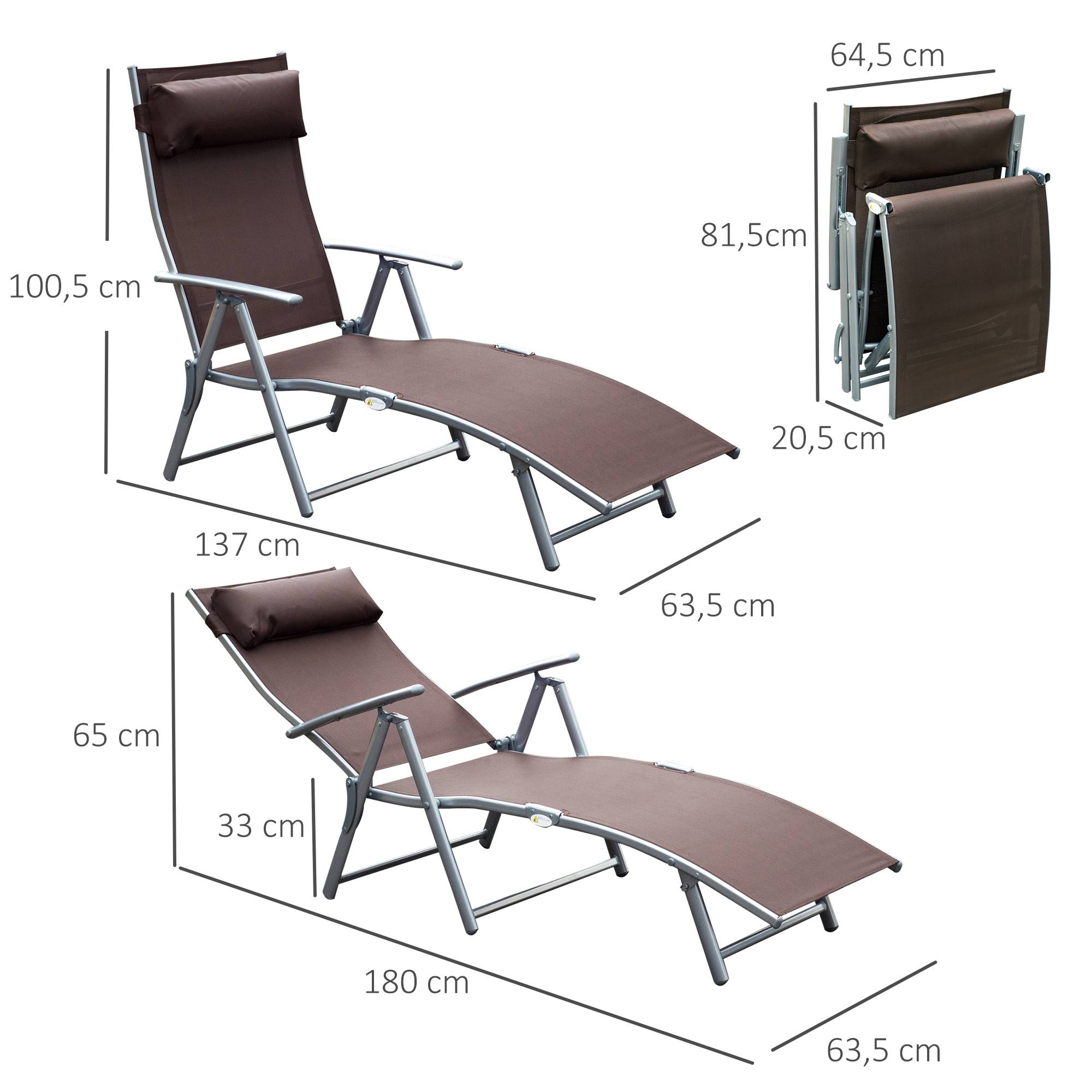 transat Chaise Longue Bain de Soleil Pliable Dossier inclinable - 137x64x100.5cm Métal Marron fr579 - Image 5