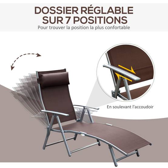 transat Chaise Longue Bain de Soleil Pliable Dossier inclinable - 137x64x100.5cm Métal Marron fr579 - Image 6