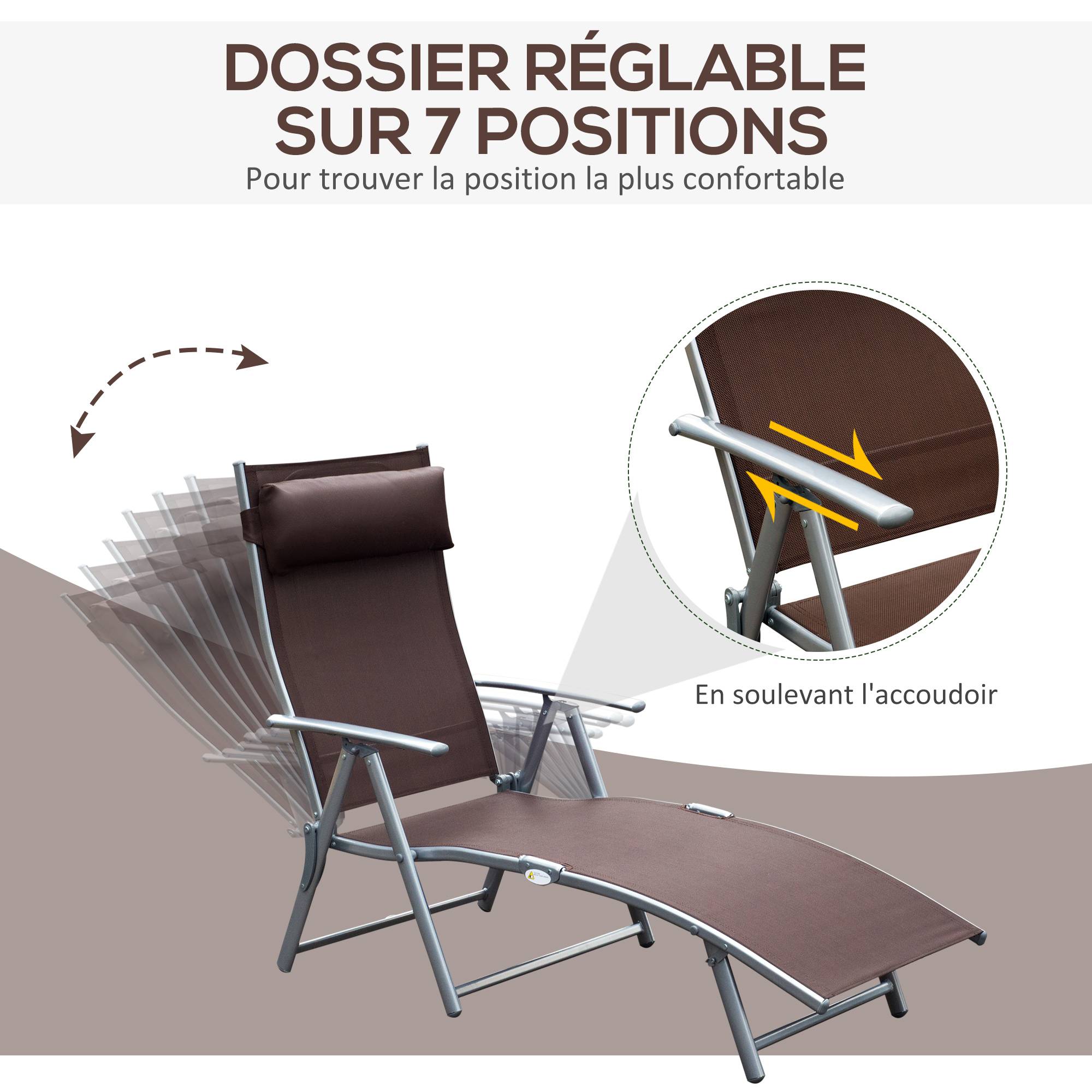 transat Chaise Longue Bain de Soleil Pliable Dossier inclinable - 137x64x100.5cm Métal Marron fr579 - Image 6