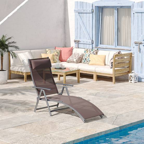 transat Chaise Longue Bain de Soleil Pliable Dossier inclinable - 137x64x100.5cm Métal Marron fr579 - Image 4