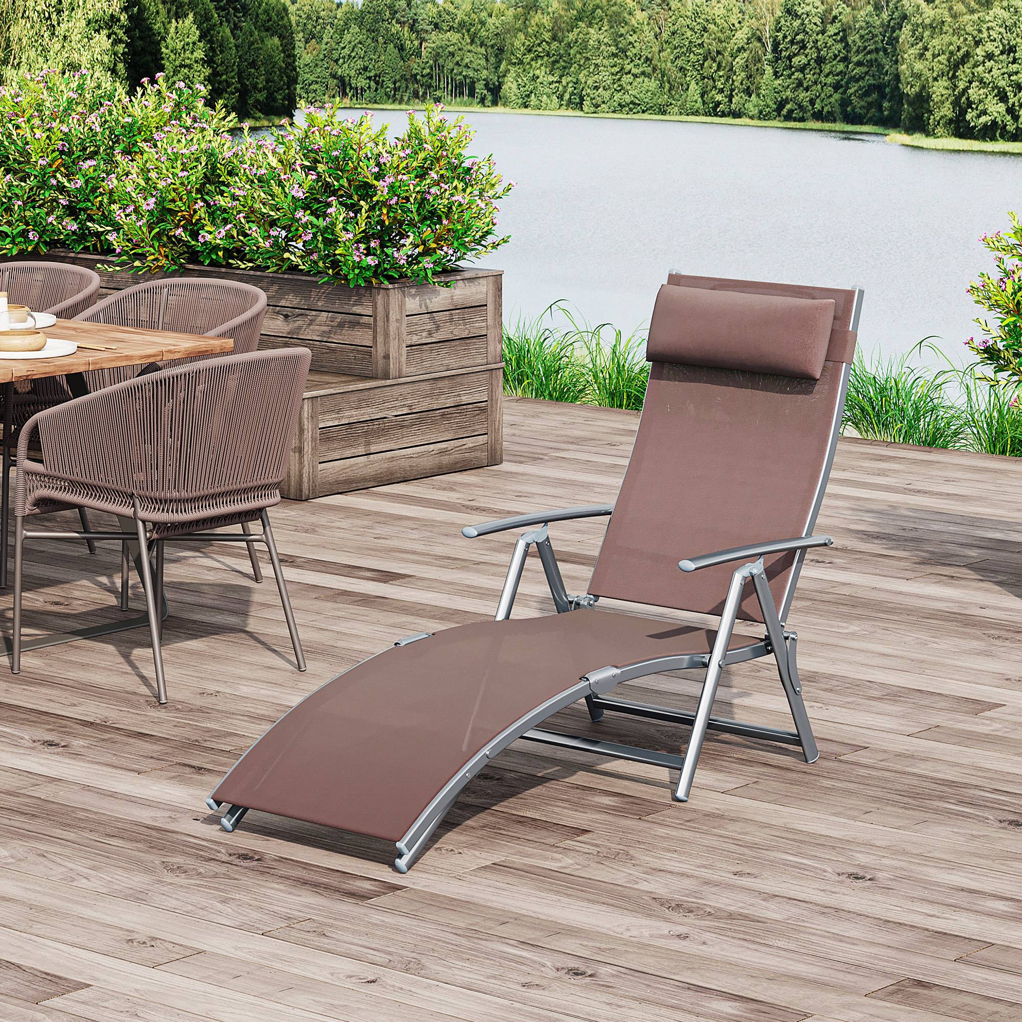 transat Chaise Longue Bain de Soleil Pliable Dossier inclinable - 137x64x100.5cm Métal Marron fr579 - Image 3