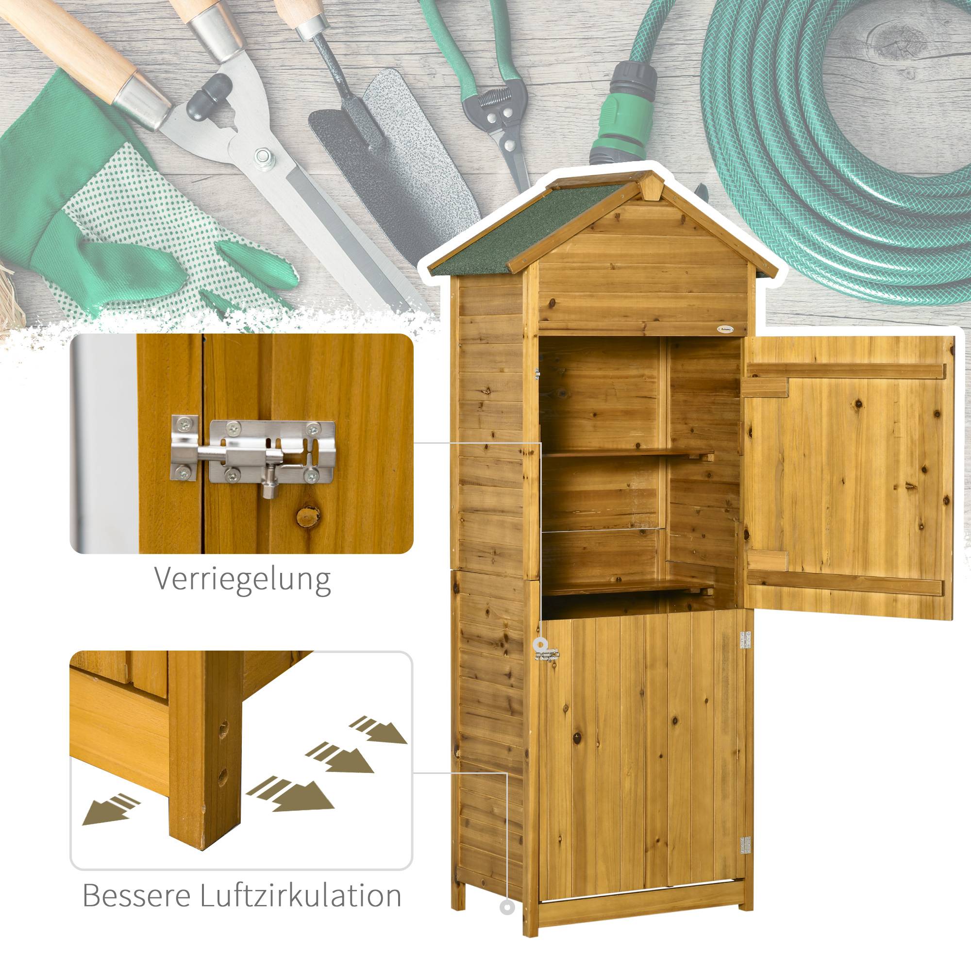 ComfortXL - Armoire de jardin en bois massif 79 x 49 x 191,5 cm bois naturel rangement outils avec 2 portes et toit bitumé - Image 7