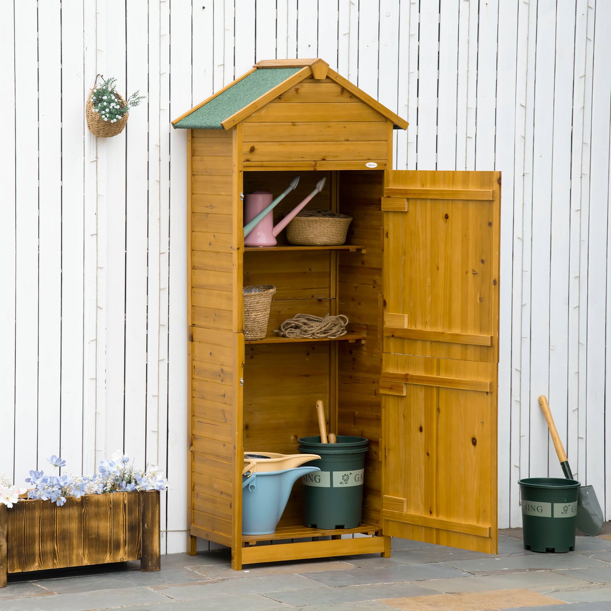 ComfortXL - Armoire de jardin en bois massif 79 x 49 x 191,5 cm bois naturel rangement outils avec 2 portes et toit bitumé