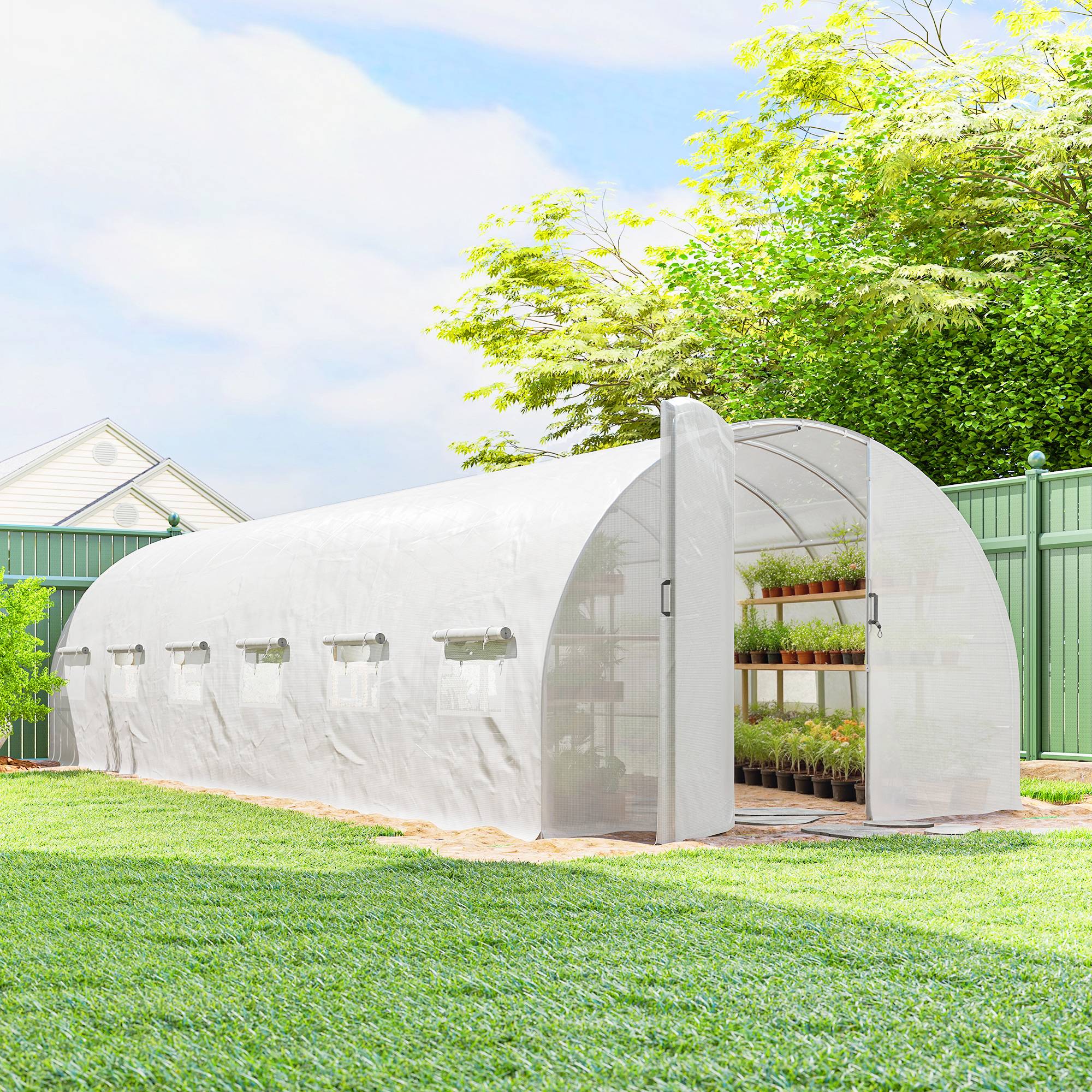 Serre tunnel de jardin 24m², serre de jardin tunnel avec portes et 12 fenêtres avec moustiquaires, 295x798x199cm, blanc - Image 3