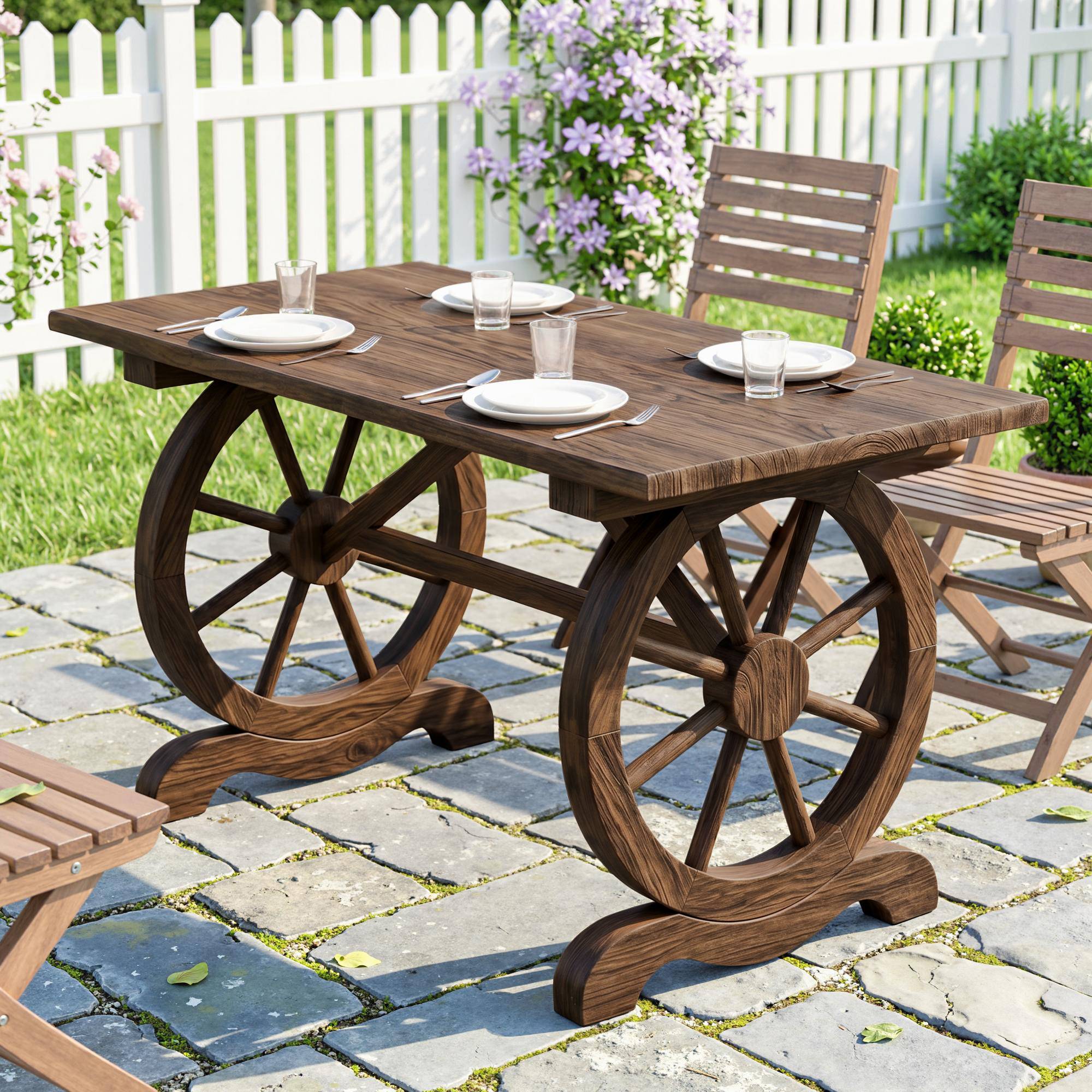 Table de jardin style campagne avec pieds à roulettes, bois de sapin résistant, 110x60x65 cm - Image 3