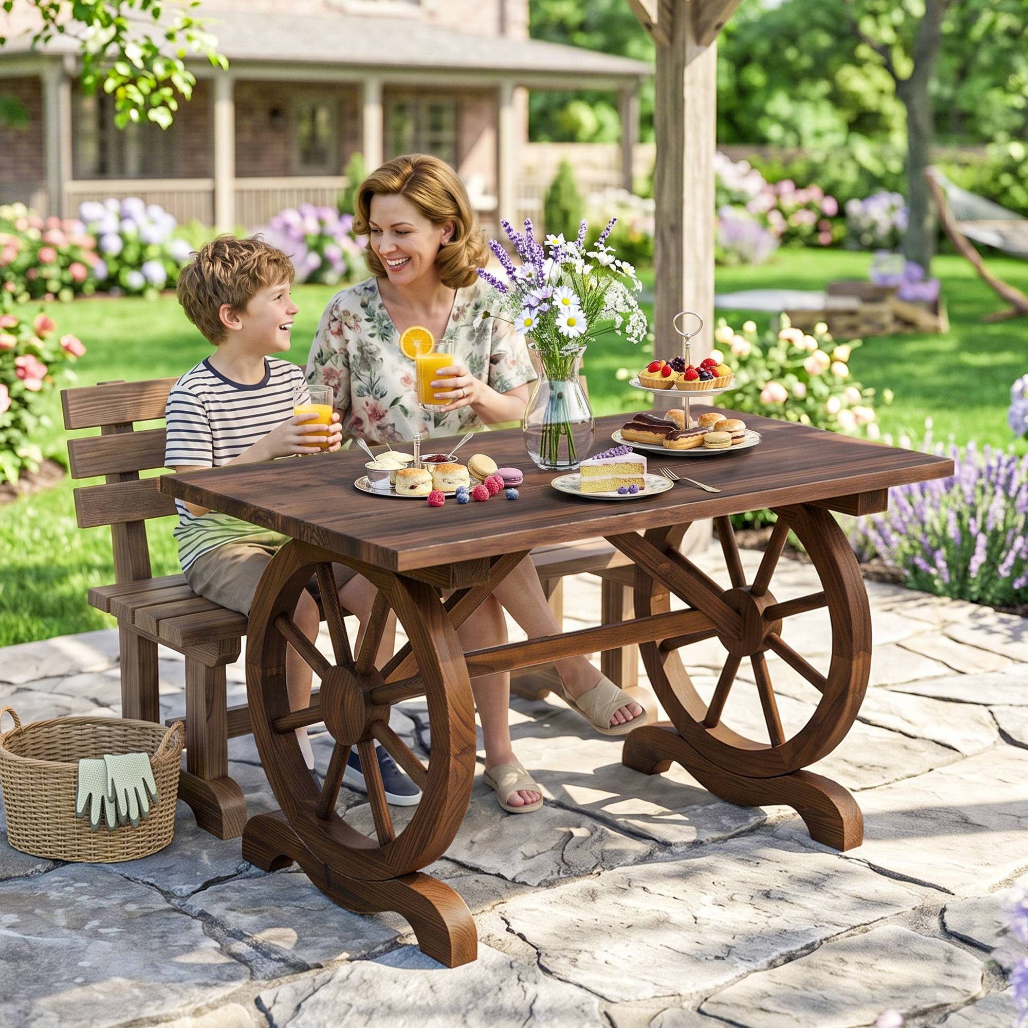Table de jardin style campagne avec pieds à roulettes, bois de sapin résistant, 110x60x65 cm - Image 9