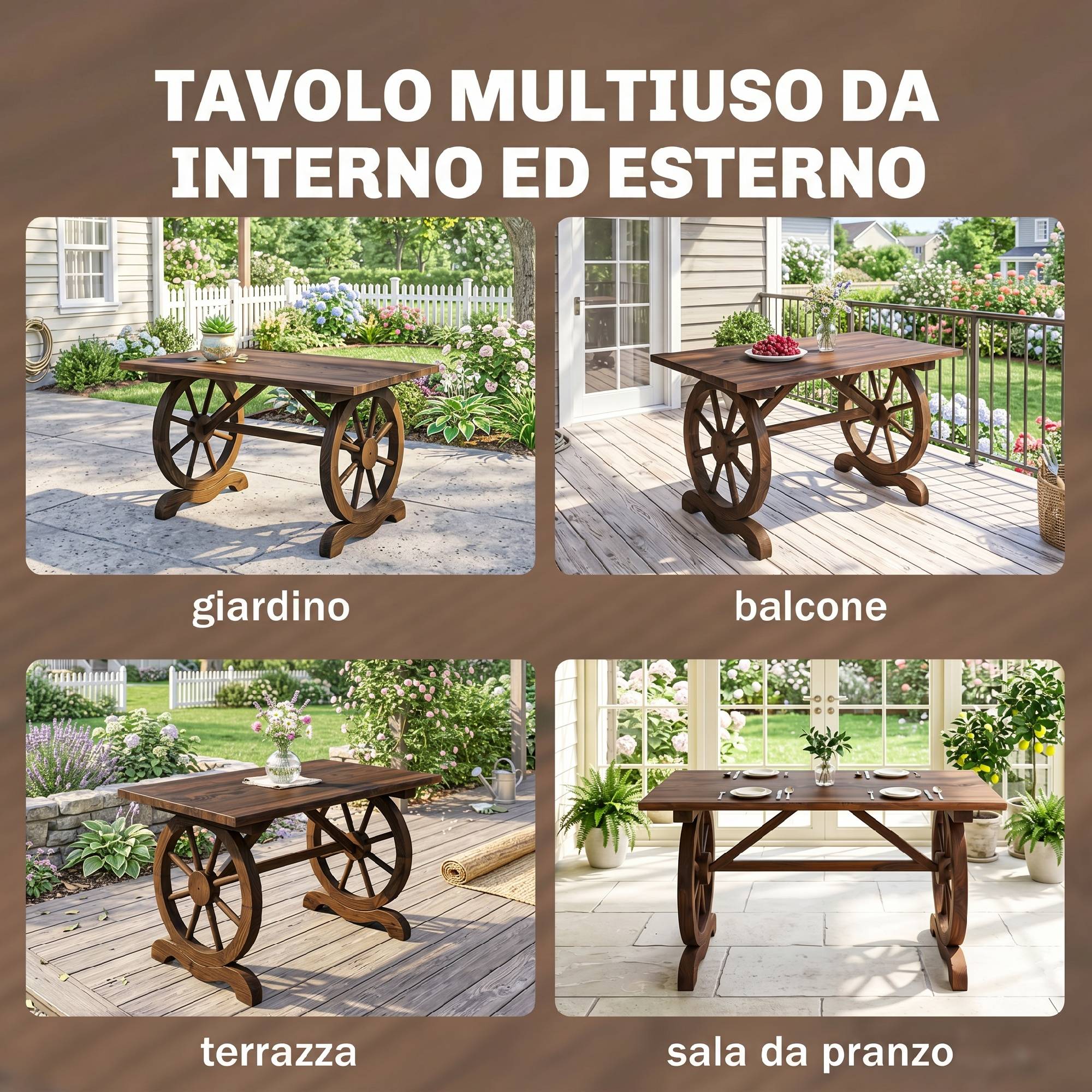 Table de jardin style campagne avec pieds à roulettes, bois de sapin résistant, 110x60x65 cm - Image 8
