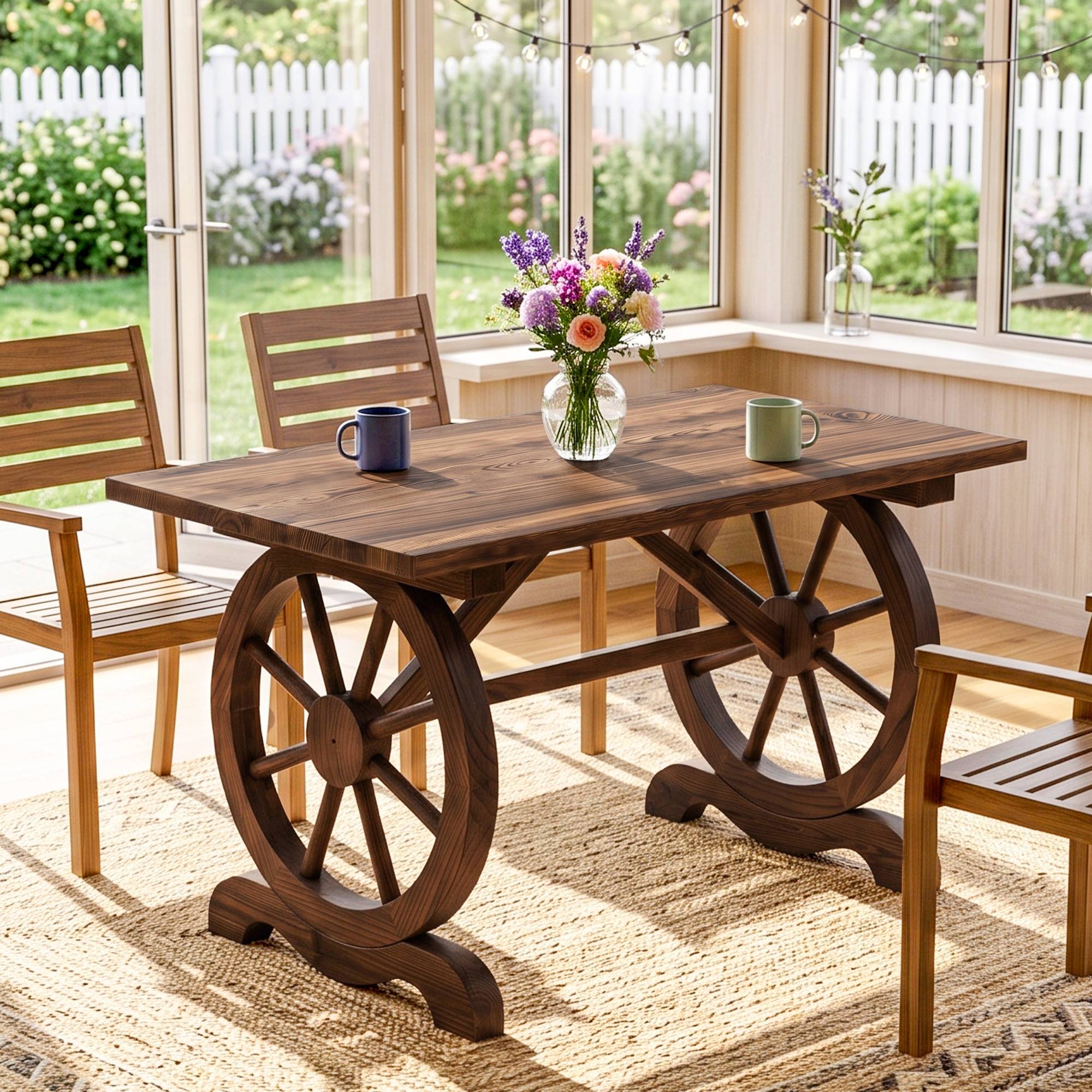 Table de jardin style campagne avec pieds à roulettes, bois de sapin résistant, 110x60x65 cm - Image 10