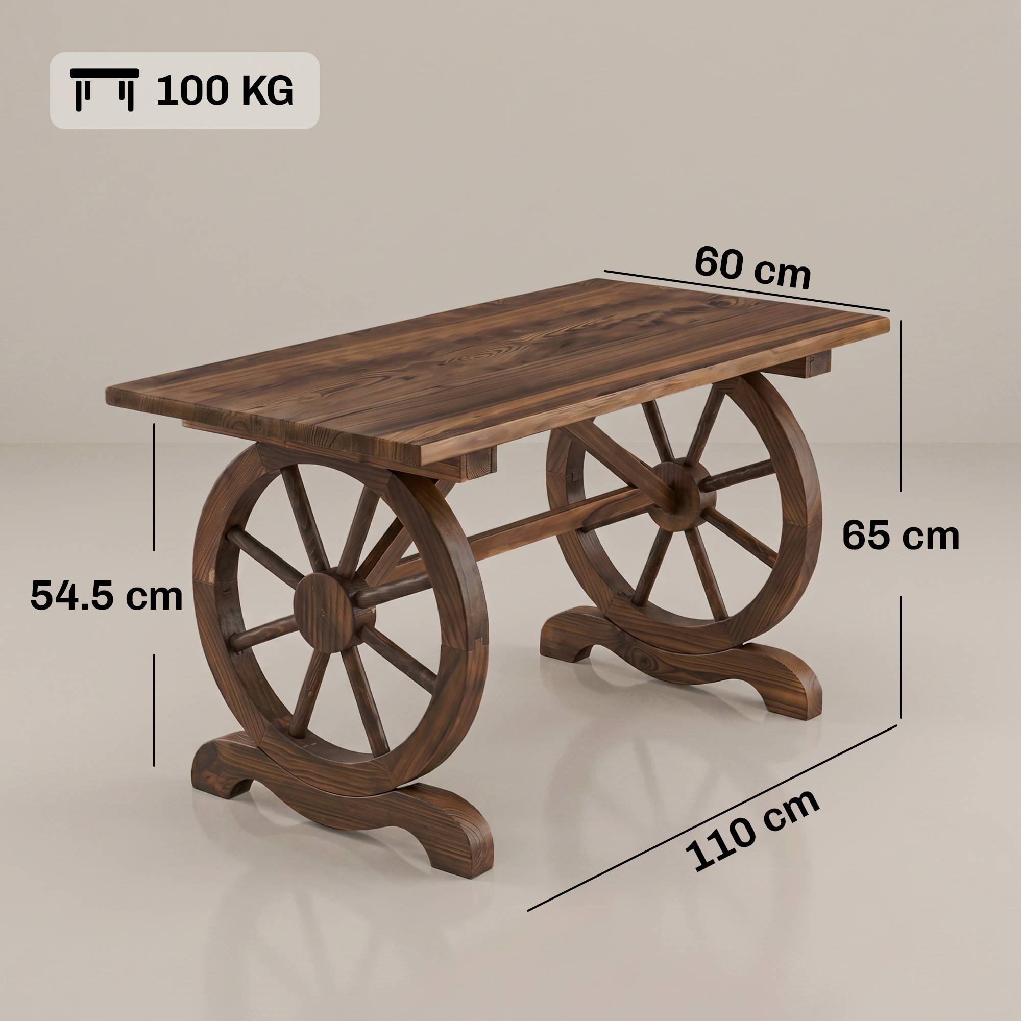 Table de jardin style campagne avec pieds à roulettes, bois de sapin résistant, 110x60x65 cm - Image 5