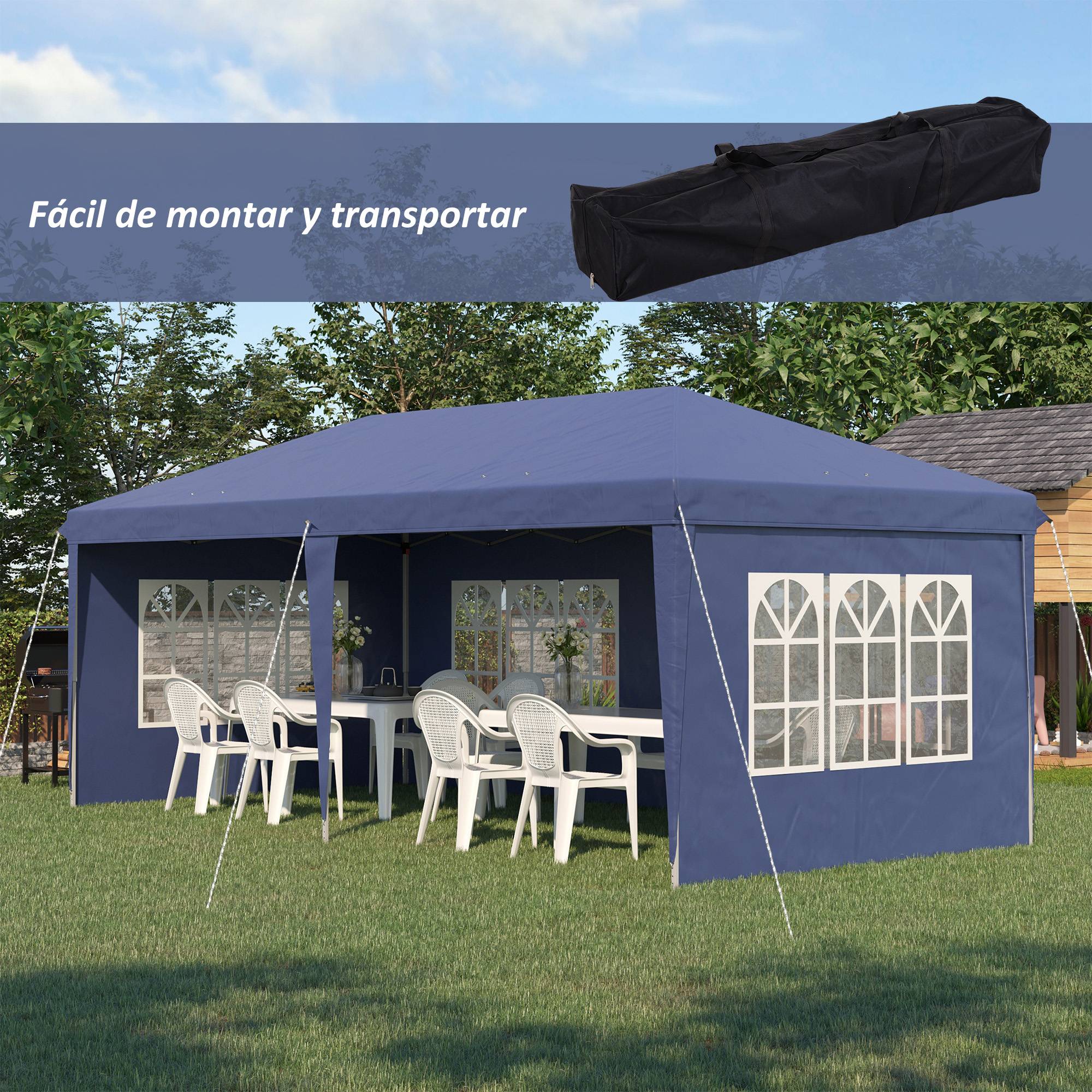 Tonnelle pliante 6 x 3 m avec 4 côtés détachables, tonnelle de jardin avec 4 fenêtres et sac de transport, bleue - Image 6