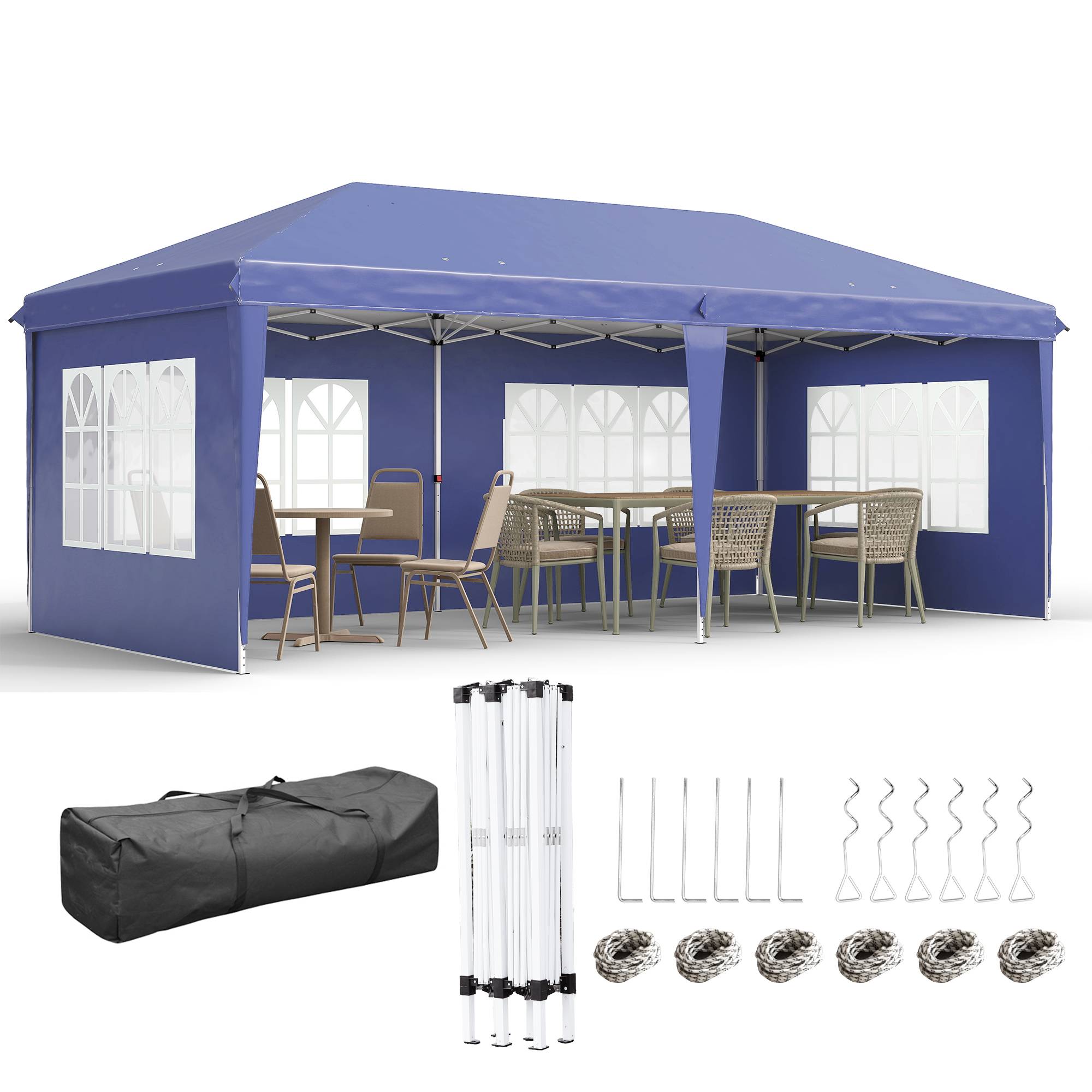 Tonnelle pliante 6 x 3 m avec 4 côtés détachables, tonnelle de jardin avec 4 fenêtres et sac de transport, bleue - Image 1