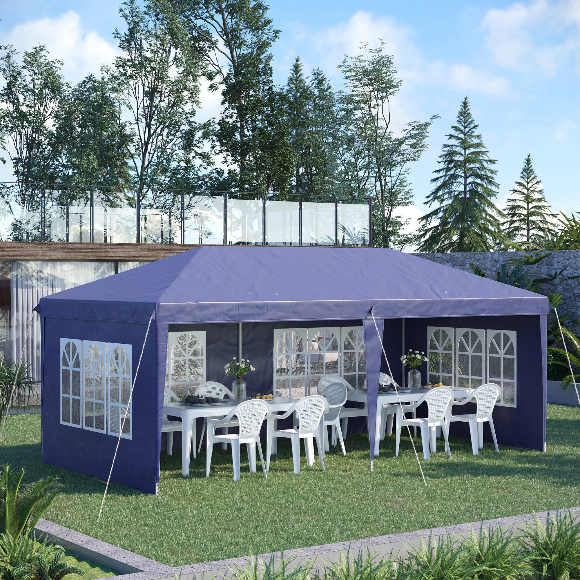 Tonnelle pliante 6 x 3 m avec 4 côtés détachables, tonnelle de jardin avec 4 fenêtres et sac de transport, bleue - Image 4