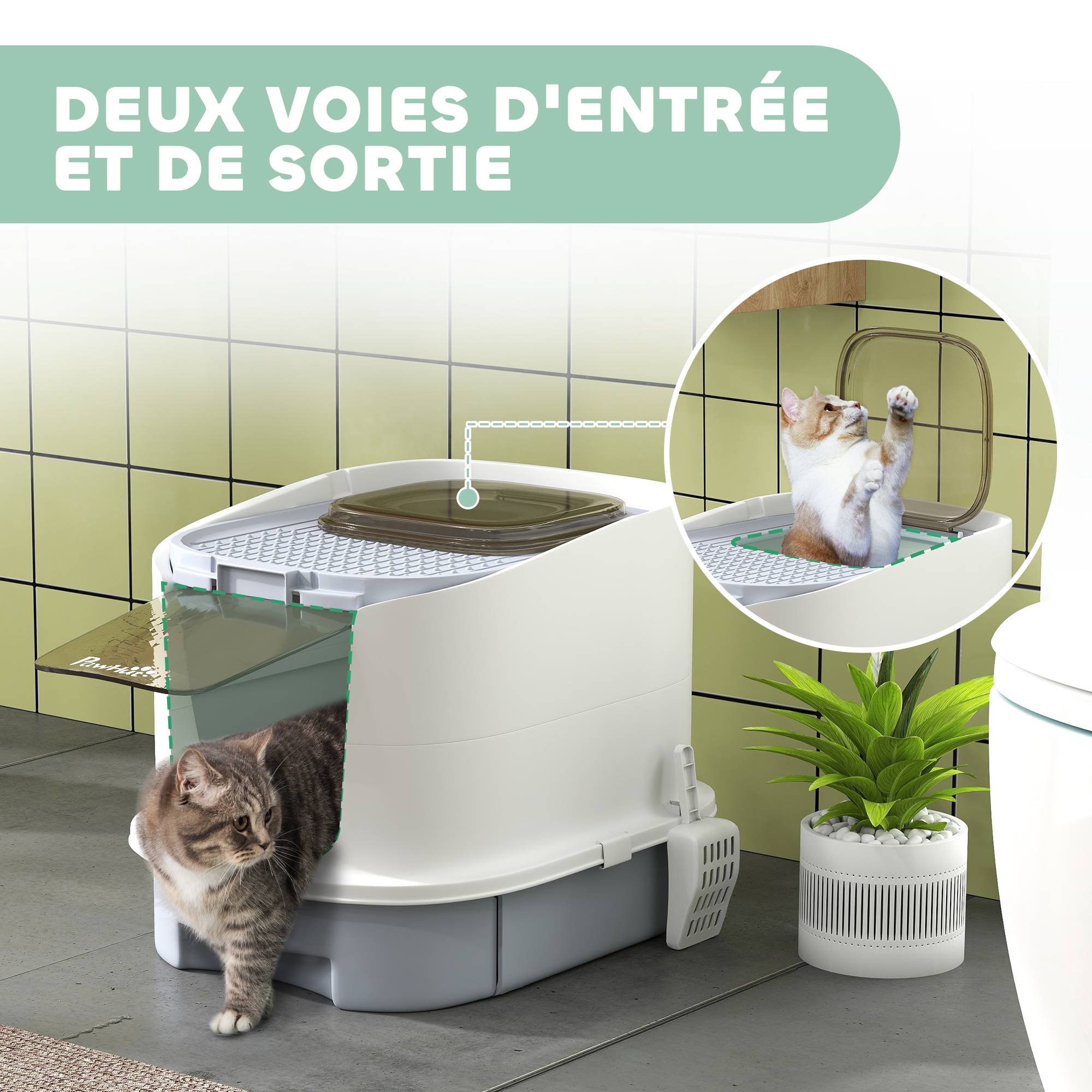 Maison de toilette pour chat bac à litière fermé chat avec porte translucide pelle incluse 40,5 x 52,5 x 42,5 cm gris - Image 8