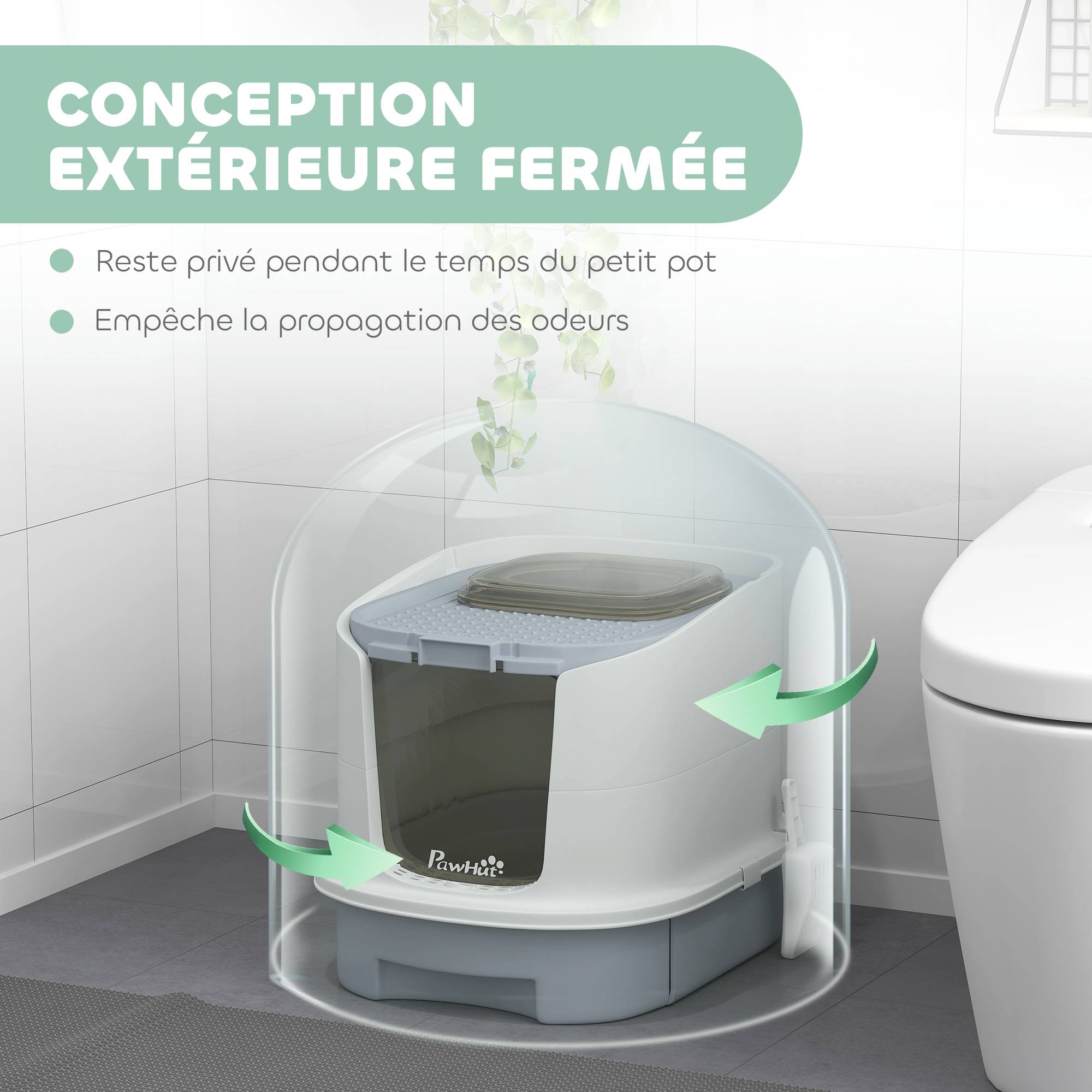 Maison de toilette pour chat bac à litière fermé chat avec porte translucide pelle incluse 40,5 x 52,5 x 42,5 cm gris - Image 6