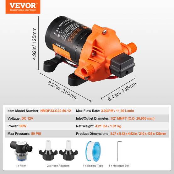 VEVOR Pompe à eau à membrane 12V 3 GPM 11,36 L/min 3 chambres, pressostat auto 50 PSI. - Image 7