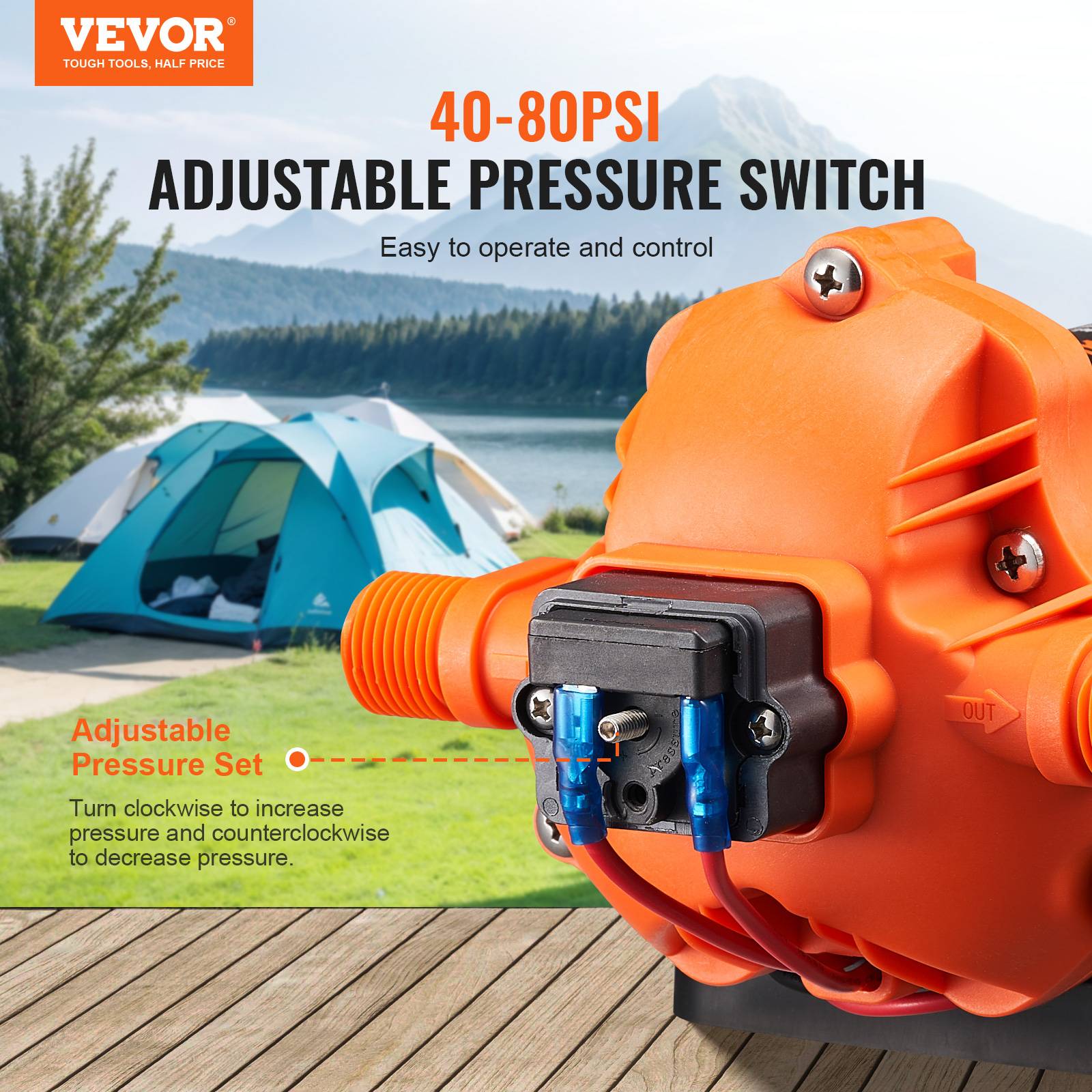 VEVOR Pompe à eau à membrane 12V 3 GPM 11,36 L/min 3 chambres, pressostat auto 50 PSI. - Image 3