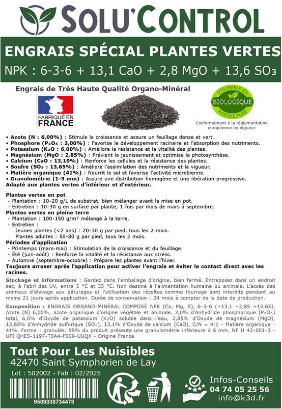 SOLU’CONTROL - 5 kg d'Engrais Spécial Plantes Vertes 6-3-6 - Croissance, Feuillage Dense & Vitalité - Formulation Organo-Minerale - Image 3