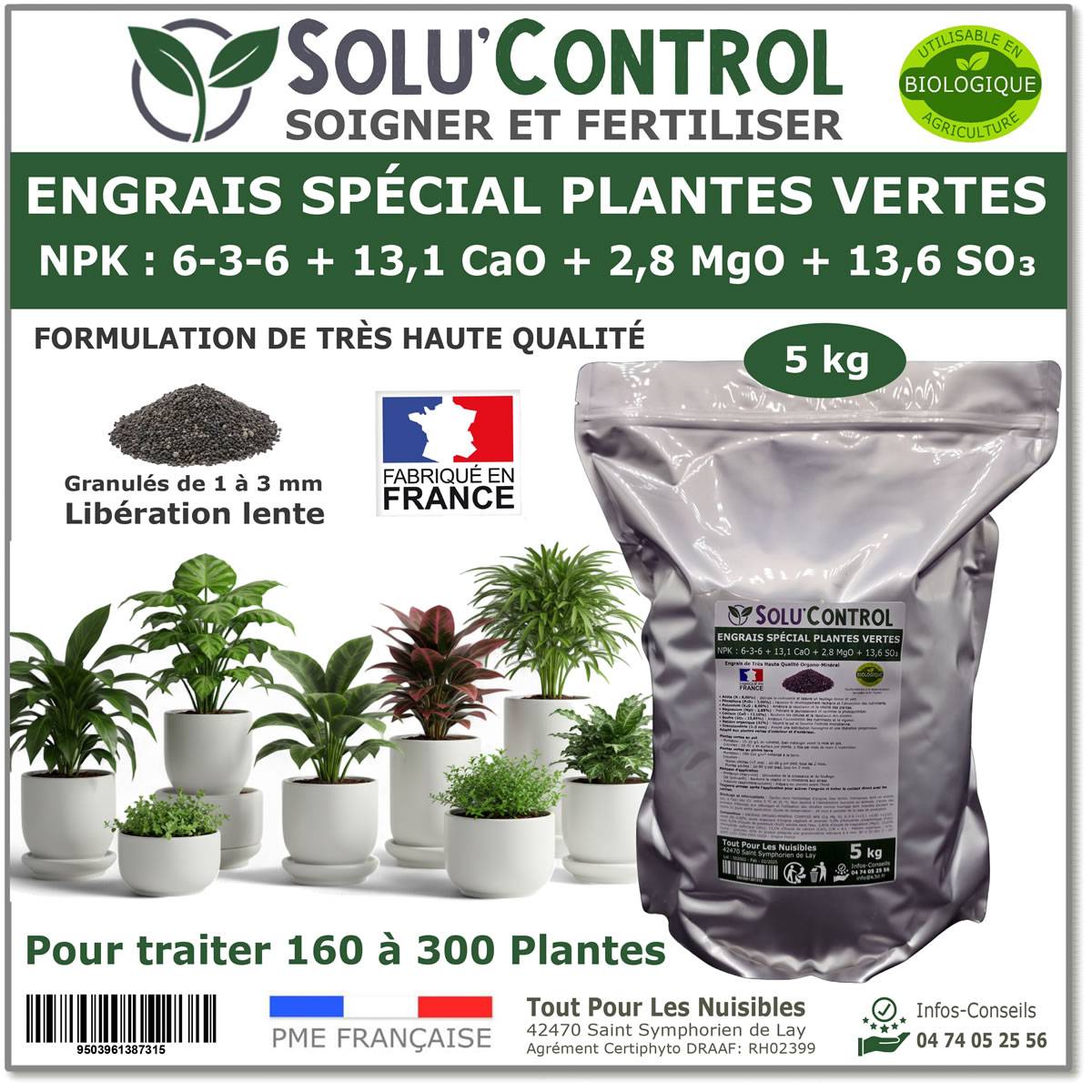 SOLU’CONTROL - 5 kg d'Engrais Spécial Plantes Vertes 6-3-6 - Croissance, Feuillage Dense & Vitalité - Formulation Organo-Minerale - Image 1