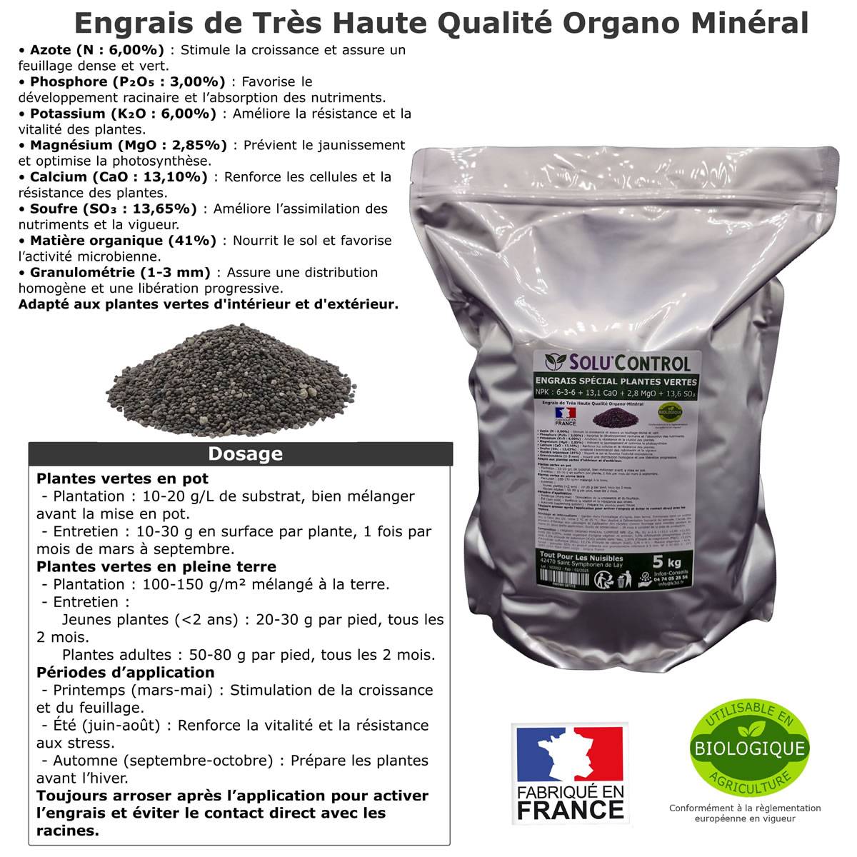 SOLU’CONTROL - 5 kg d'Engrais Spécial Plantes Vertes 6-3-6 - Croissance, Feuillage Dense & Vitalité - Formulation Organo-Minerale - Image 2