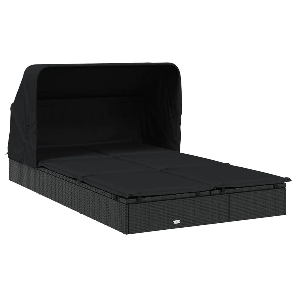 Helloshop26 - Transat bain de soleil chaise longue 2 places avec toit pliable 213 x 118 x 97 cm noir - Image 1