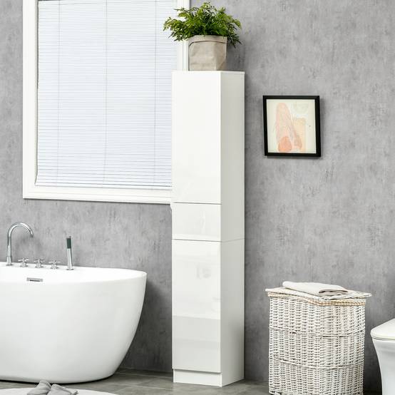 Meuble salle de bain bambou avec portes et étagères réglables, colonne rangement verticale 32x30x170 cm naturel moderne - Image 3