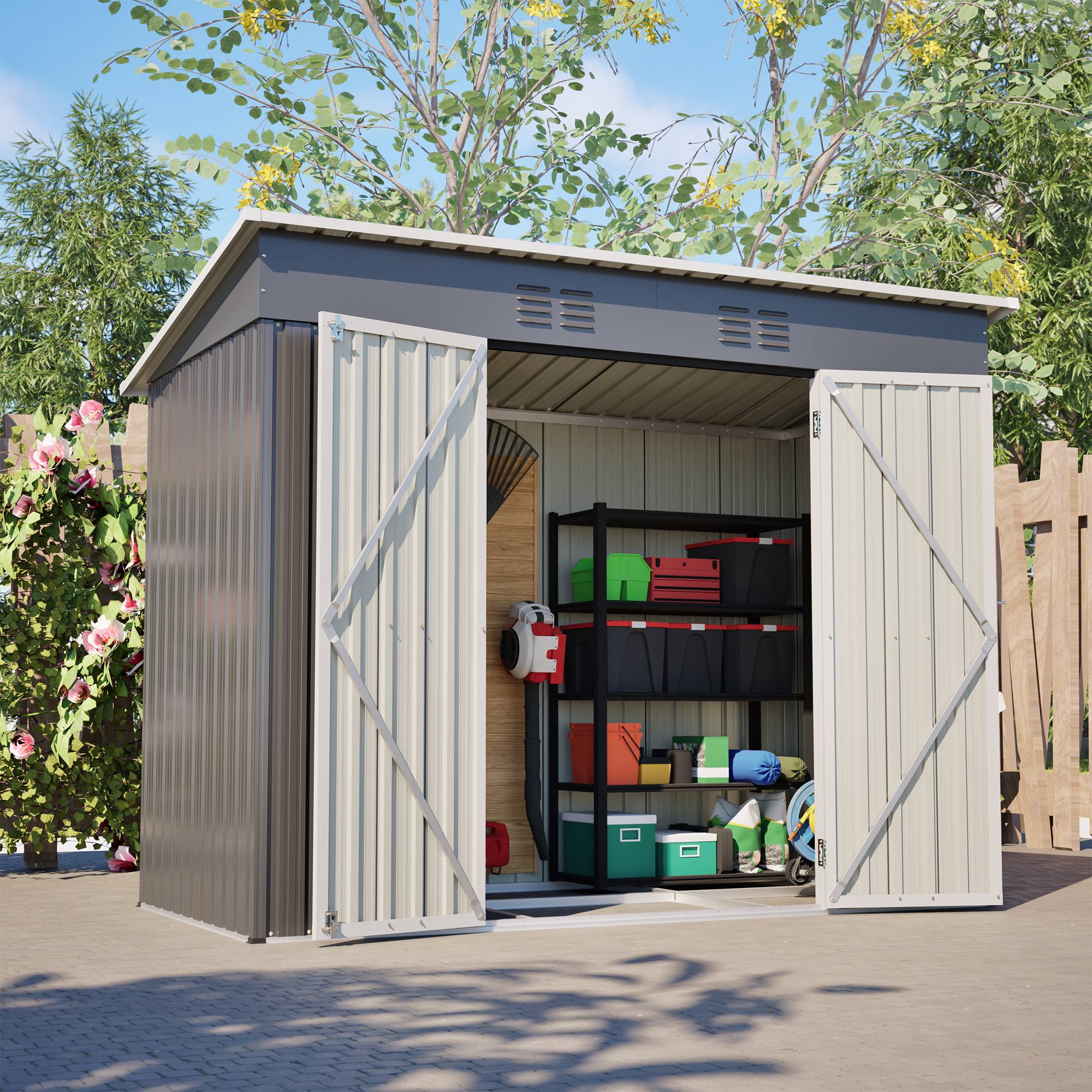 ComfortXL - Abri de jardin métal gris 242 x 126 x 182 cm adossable ventilé et verrouillable - ComfortXL Outdoor Living - Image 9