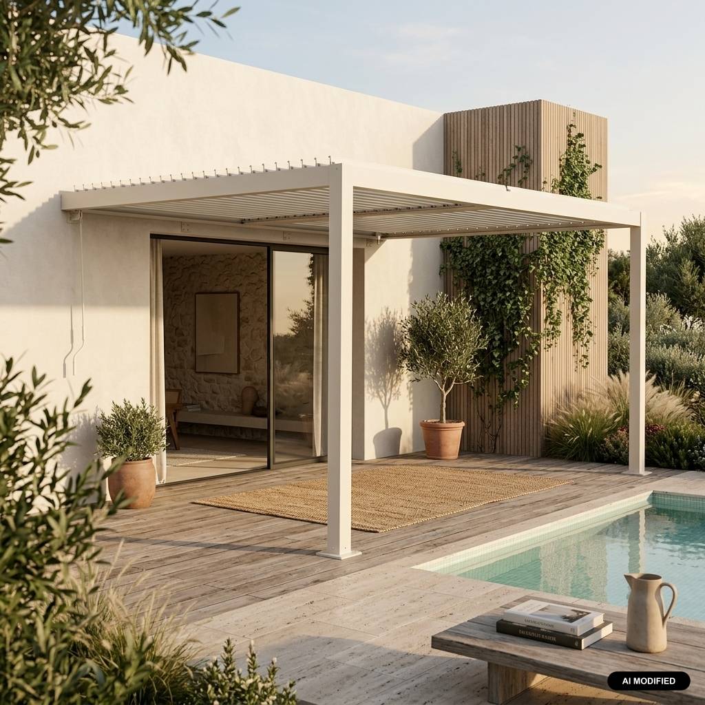 sweeek - Pergola bioclimatique aluminium adossée lames orientables 4x3m beige Palace | sweeek - Image 1