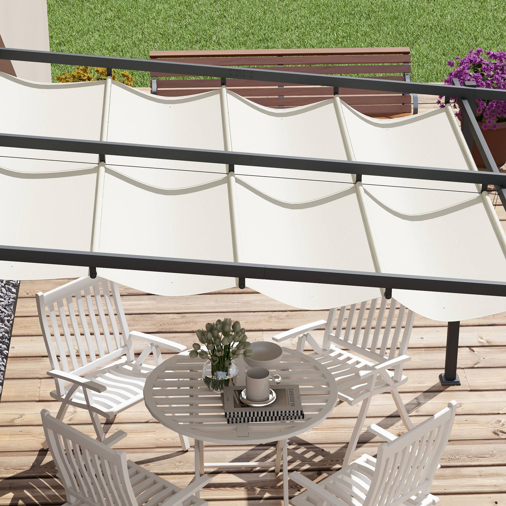 Gazebo pergola pare-vent 3 x 3 m avec toit réglable, coloris crème, protection solaire jardin et terrasse - Image 8