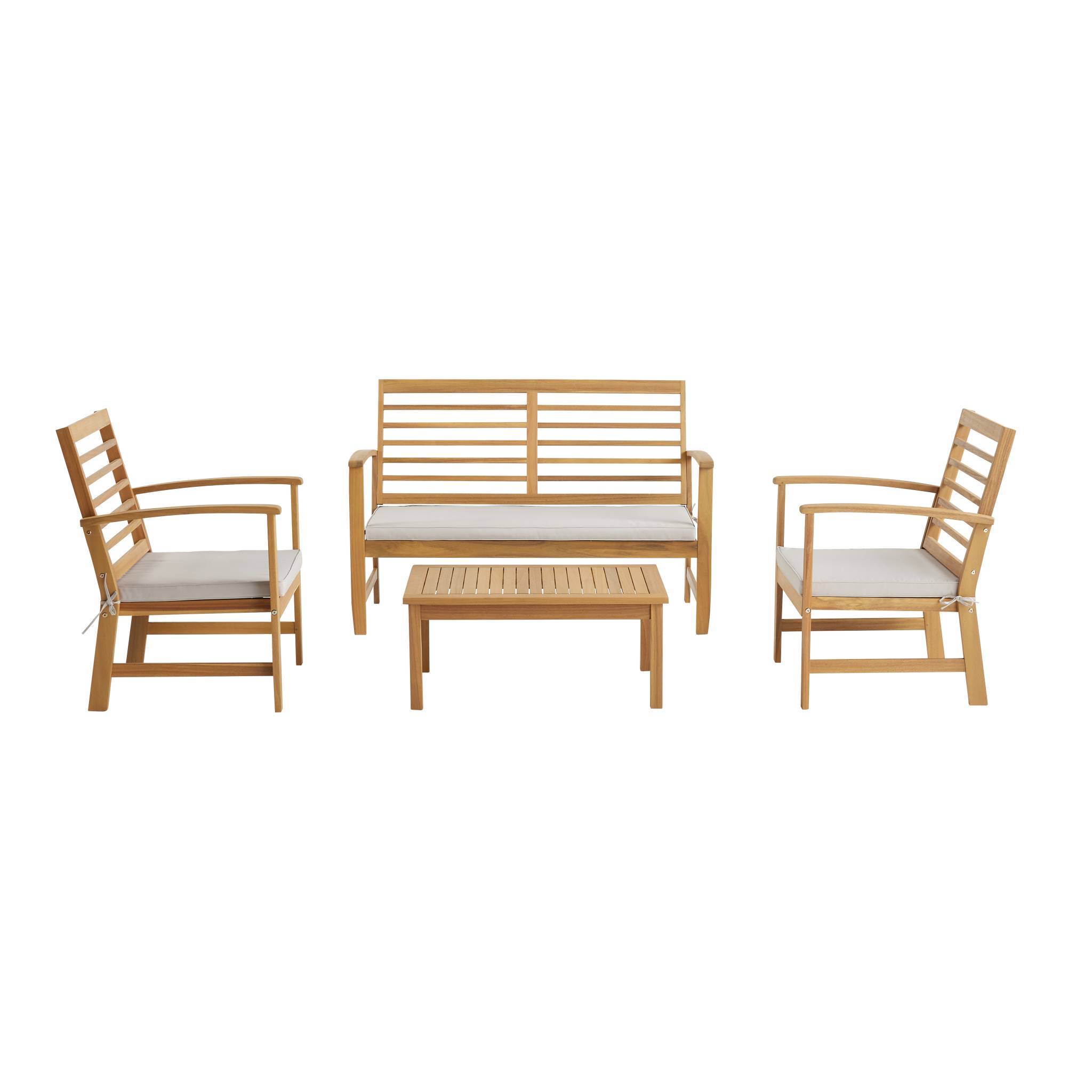 Salon de jardin beige CHLOE en bois d'acacia 4 places. avec coussins en polyester. un canapé. une table. deux fauteuils - Image 1
