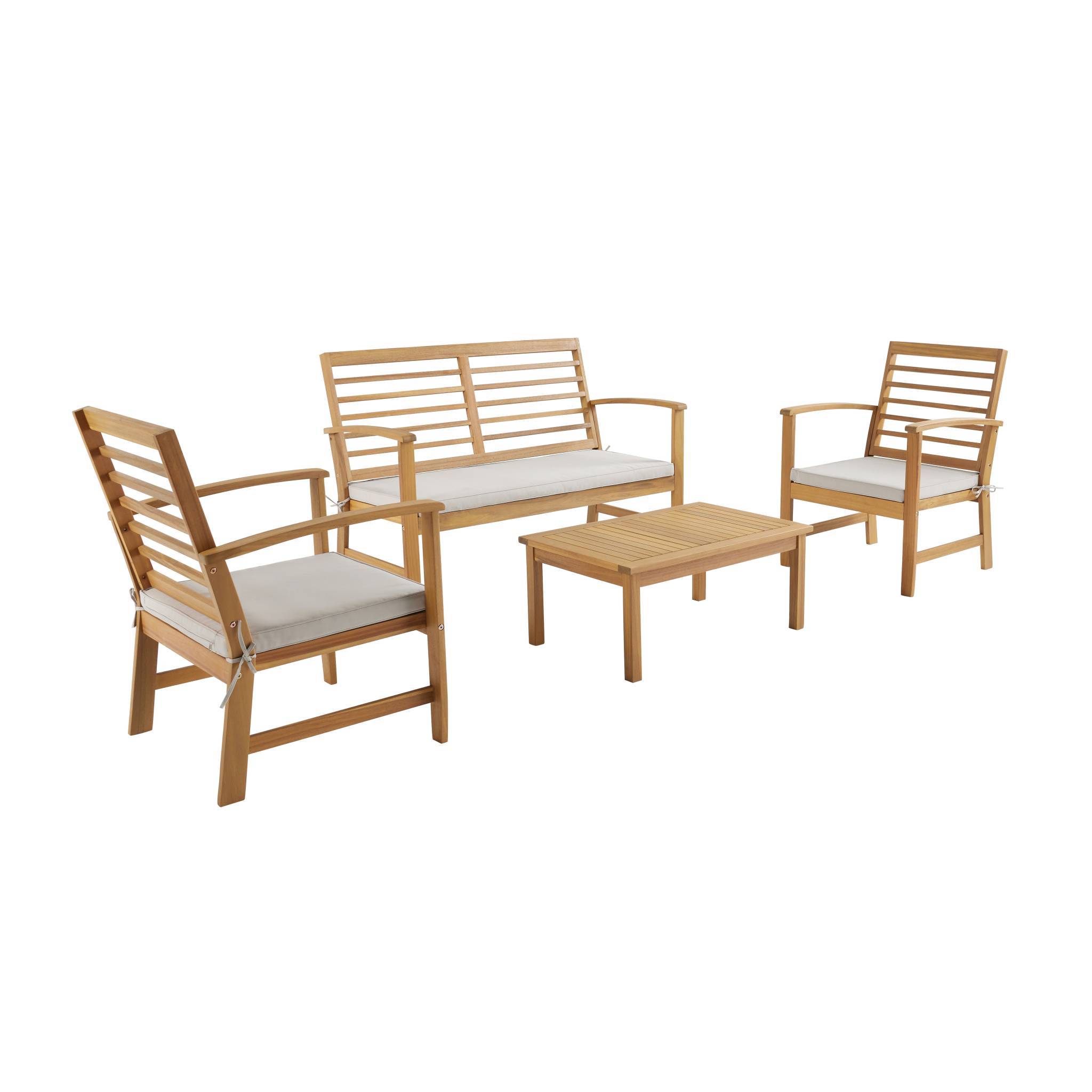 Salon de jardin beige CHLOE en bois d'acacia 4 places. avec coussins en polyester. un canapé. une table. deux fauteuils - Image 2