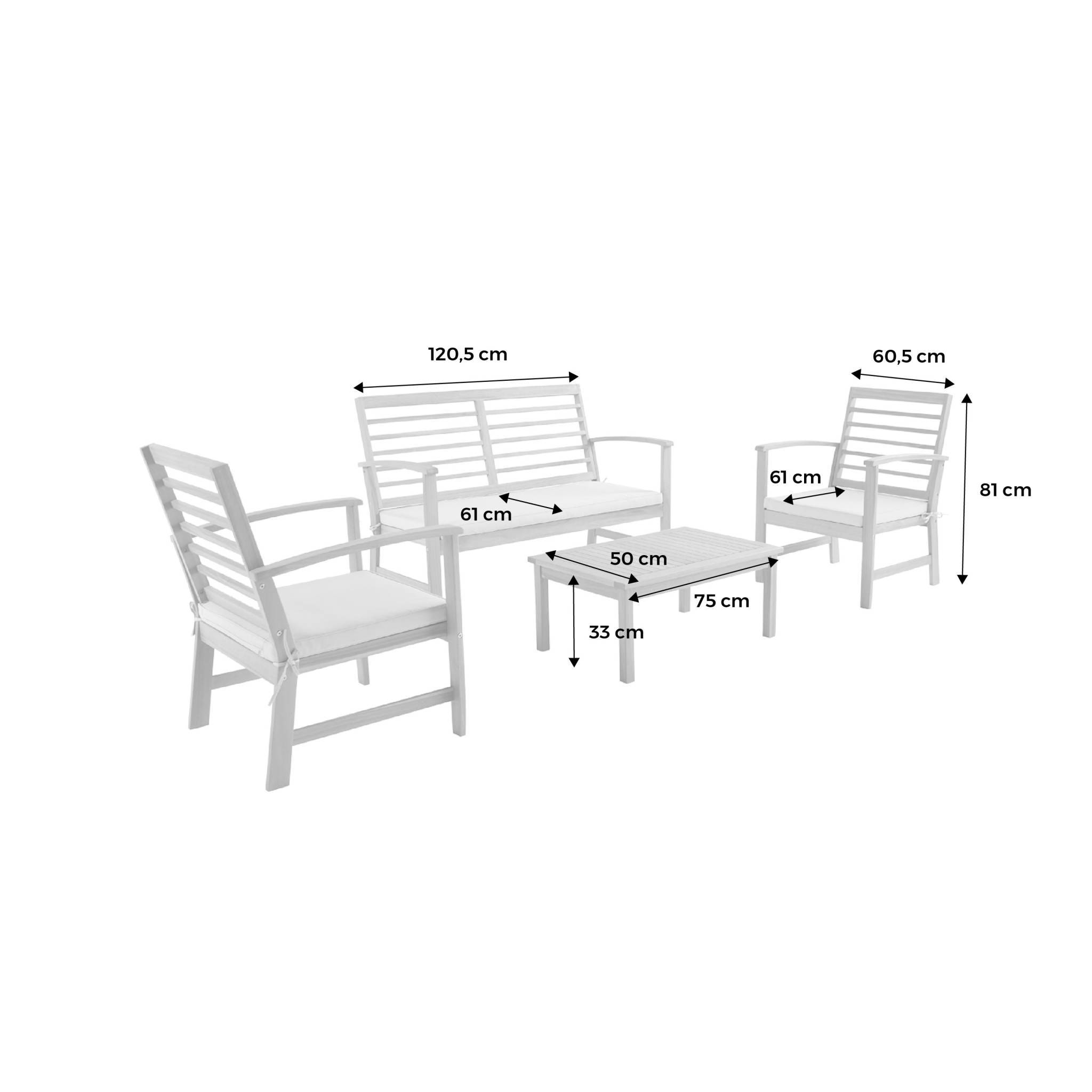 Salon de jardin beige CHLOE en bois d'acacia 4 places. avec coussins en polyester. un canapé. une table. deux fauteuils - Image 6