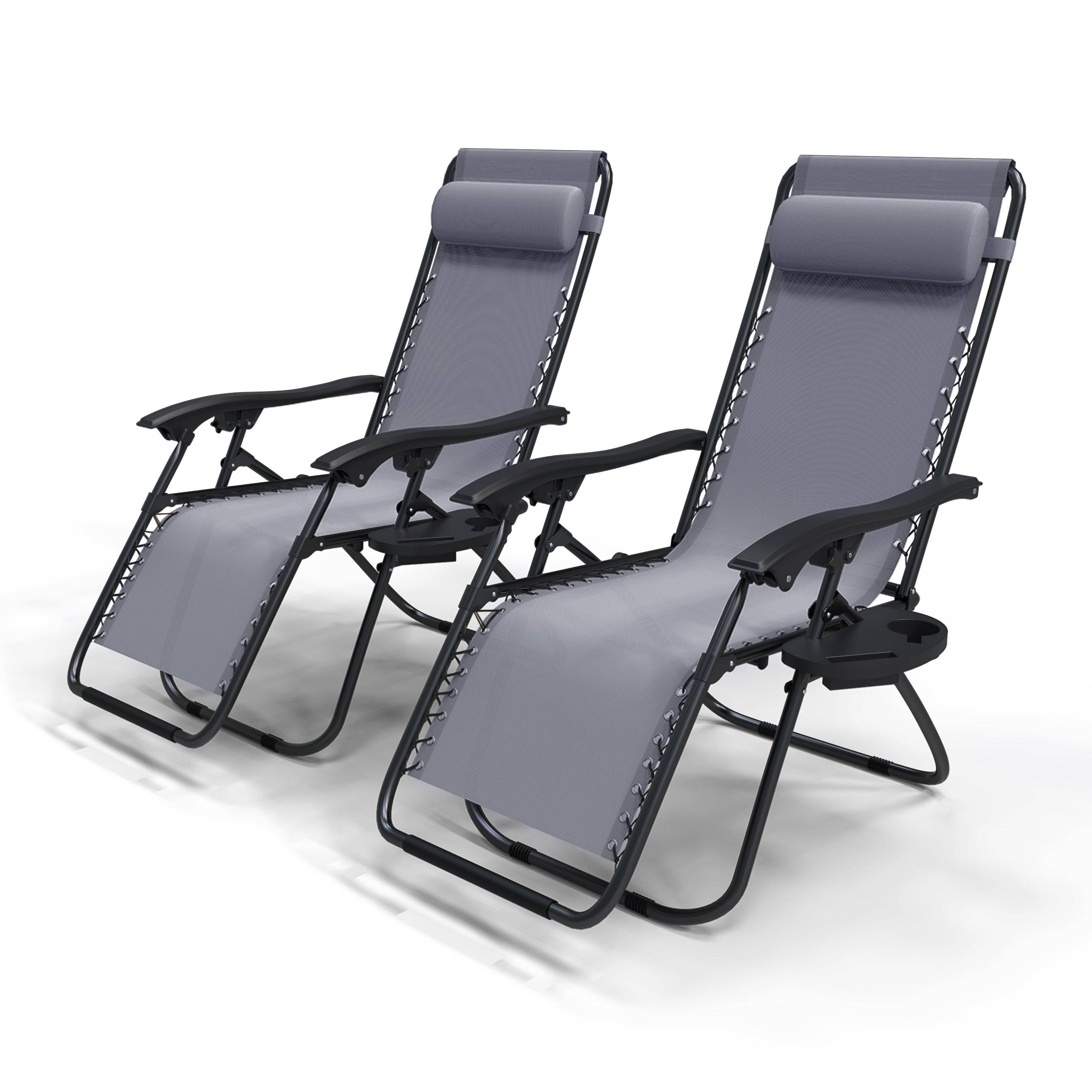 Chaise longue inclinable en textilene avec porte gobelet et portable gris Lot de 2 - Image 1