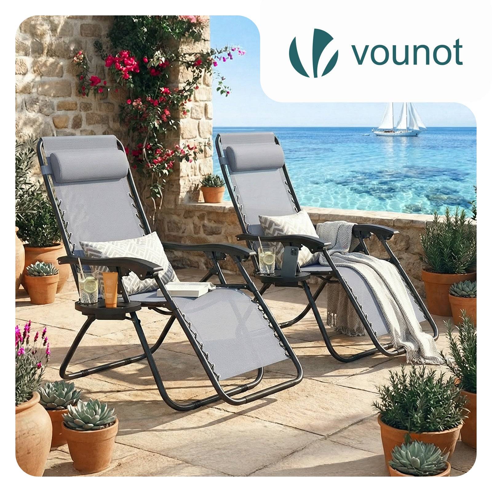 Chaise longue inclinable en textilene avec porte gobelet et portable gris Lot de 2 - Image 2