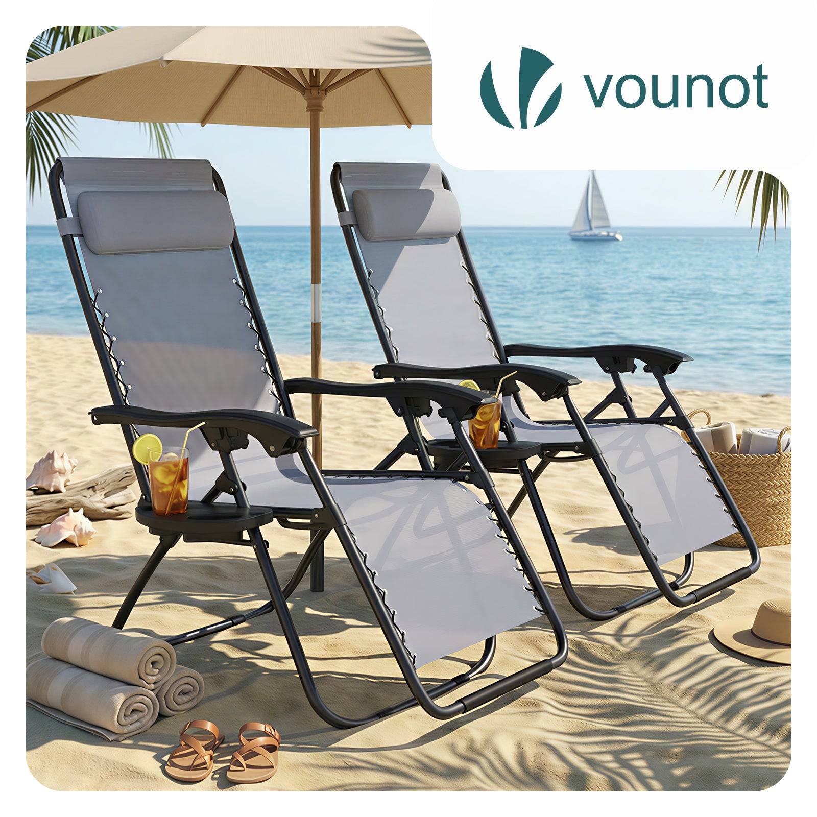 Chaise longue inclinable en textilene avec porte gobelet et portable gris Lot de 2 - Image 7