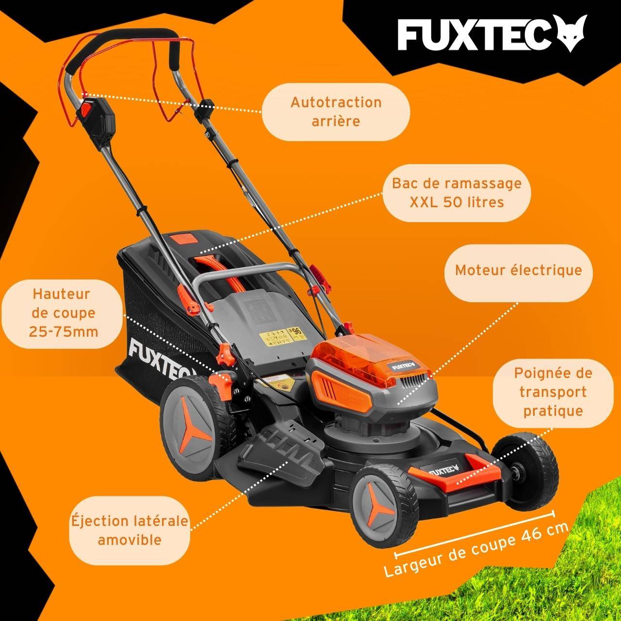 FUXTEC - Tondeuse à gazon autotractée sur batterie FUXTEC FX-E2RM46 – 40V (2x20V), coupe 46 cm, mulching & éjection latérale – FUXTEC - Image 6