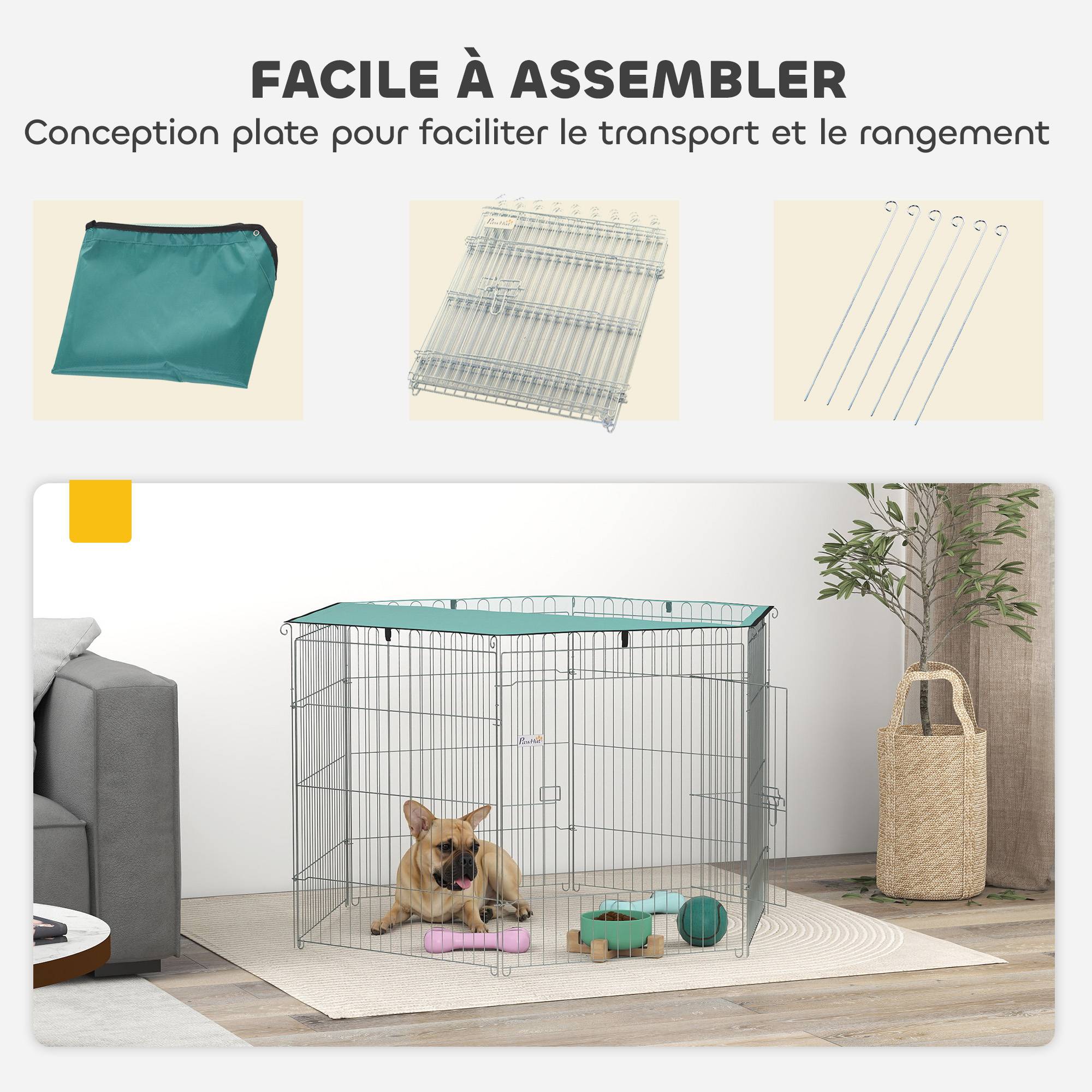 Parc pour chien, enclos chien 6 panneaux avec toit, modulable et pliable, enclos portable 76H cm avec porte argent vert - Image 7