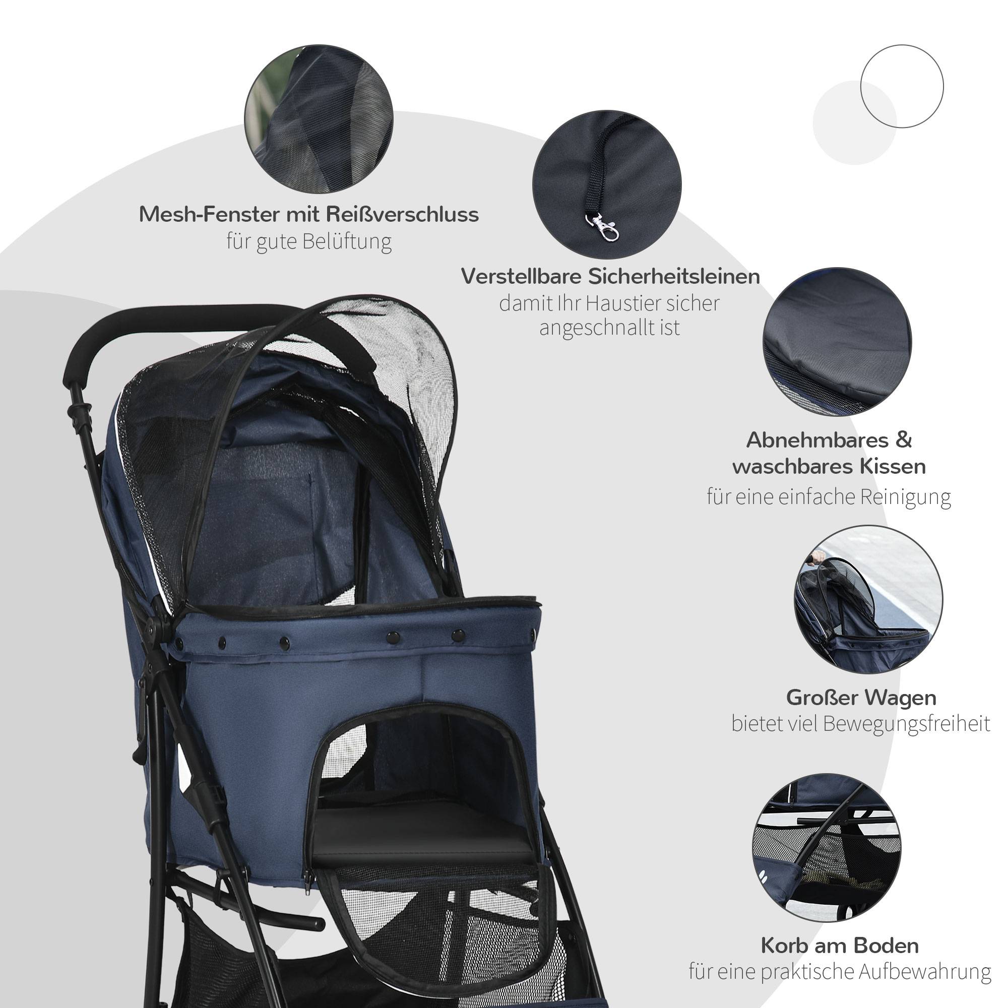 Poussette pour chien pliable avec coussin 4 roues polyester bleu 81 x 48 x 99 cm - PANGIVO - Image 6