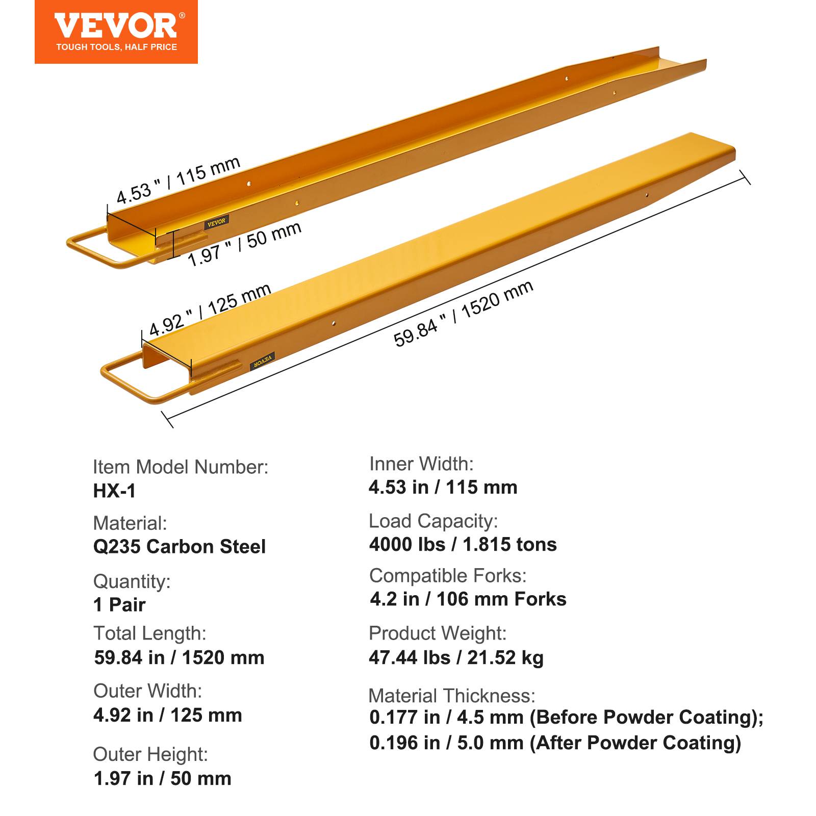 VEVOR Rallonges fourches palette 1520x115 mm, acier carbone, jaune. Charges volumineuses. - Image 7