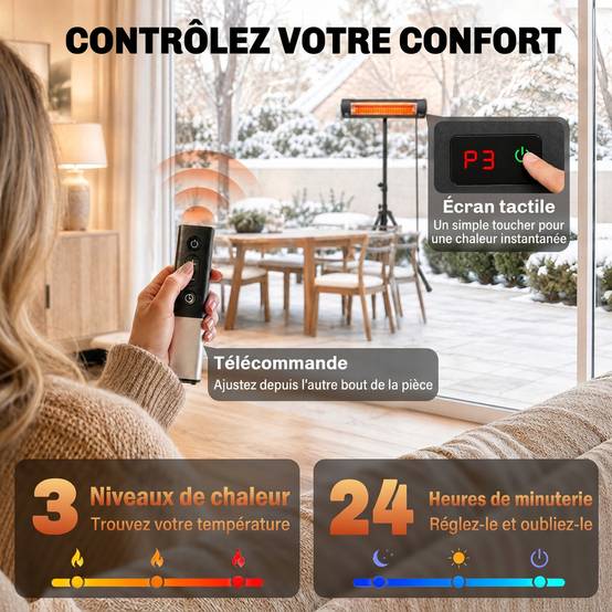 Radiateur infrarouge sur pied IP65, télécommande, minuterie, niveaux ajustables, hauteur réglable, finition noire - Image 9