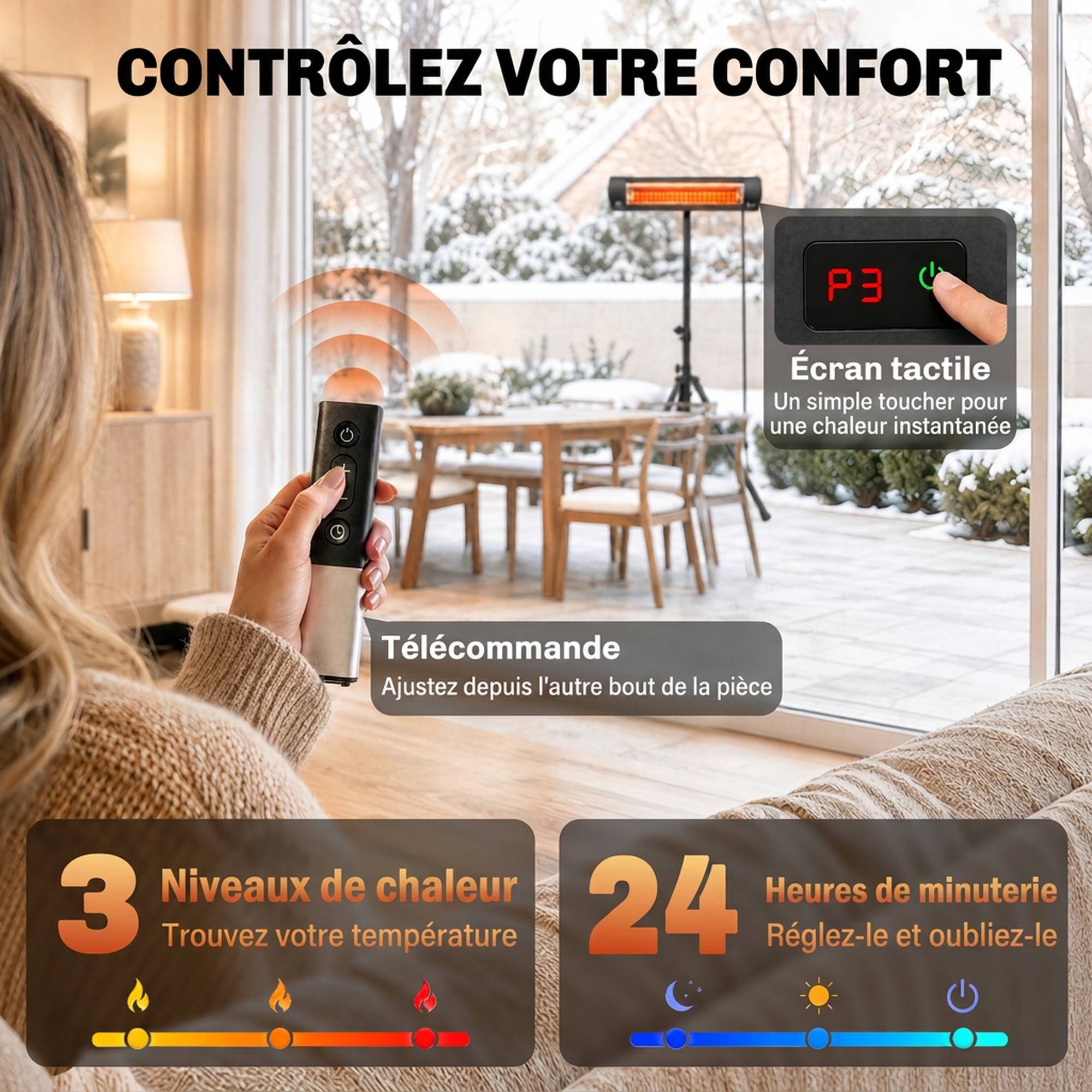 Radiateur infrarouge sur pied IP65, télécommande, minuterie, niveaux ajustables, hauteur réglable, finition noire - Image 9
