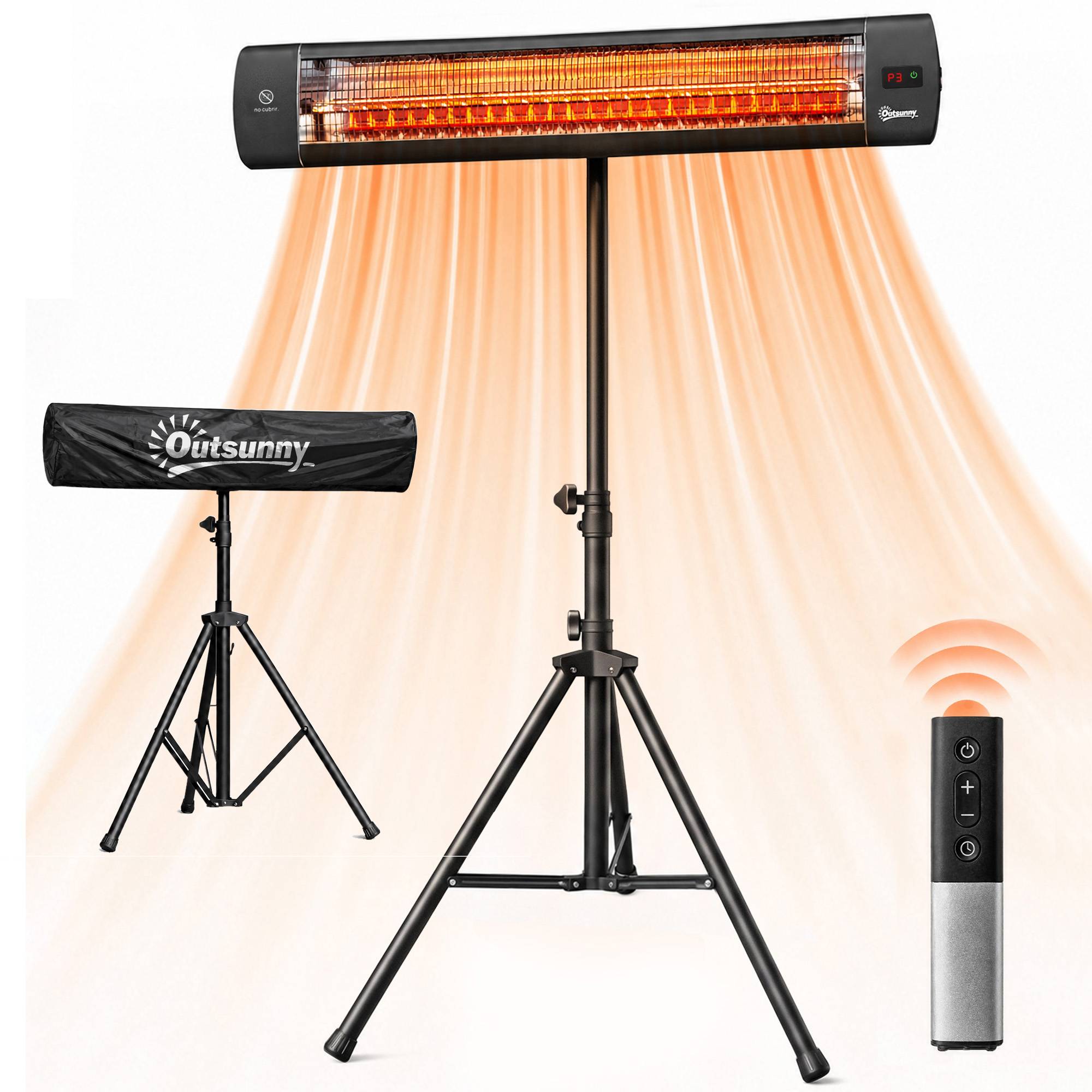 Radiateur infrarouge sur pied IP65, télécommande, minuterie, niveaux ajustables, hauteur réglable, finition noire