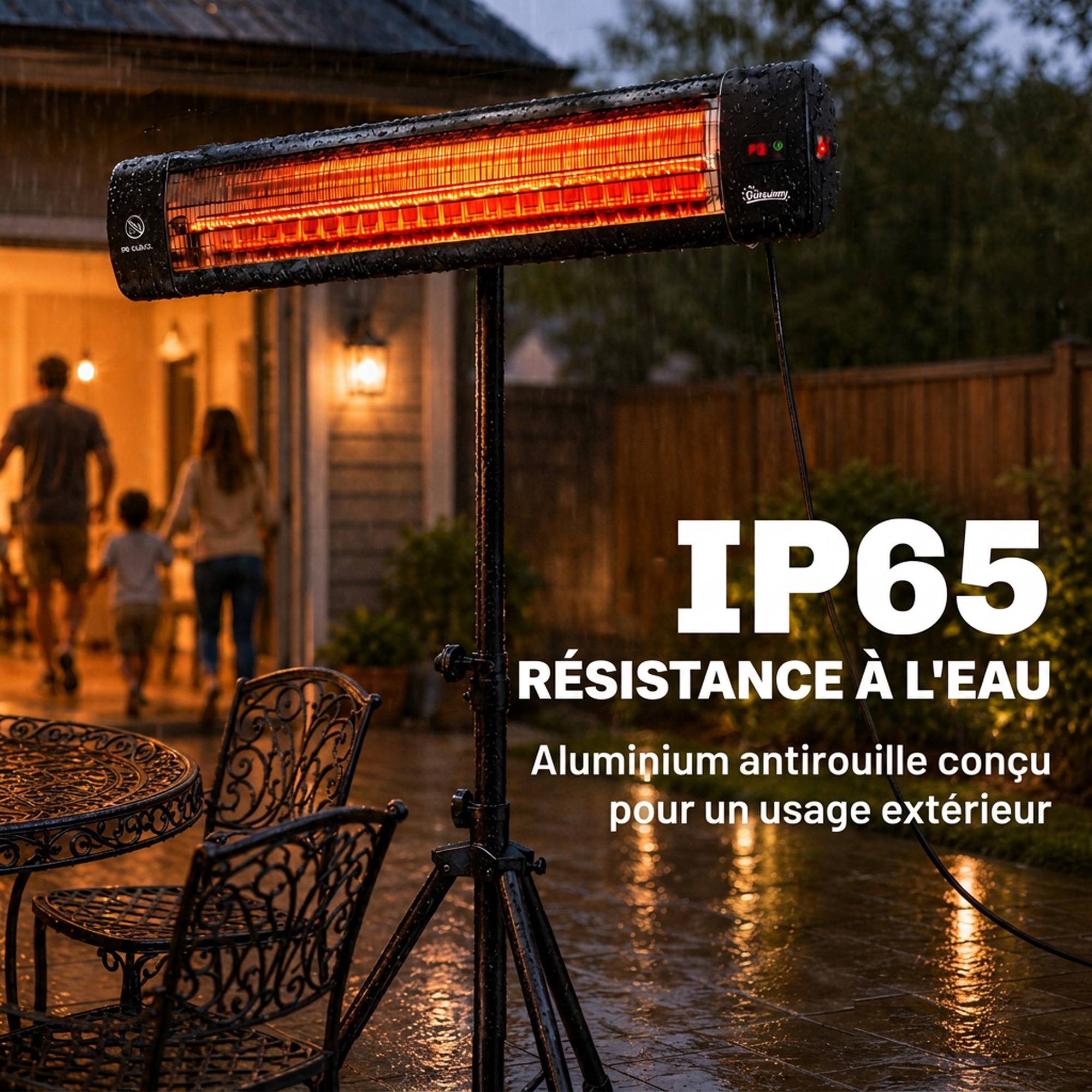 Radiateur infrarouge sur pied IP65, télécommande, minuterie, niveaux ajustables, hauteur réglable, finition noire - Image 7