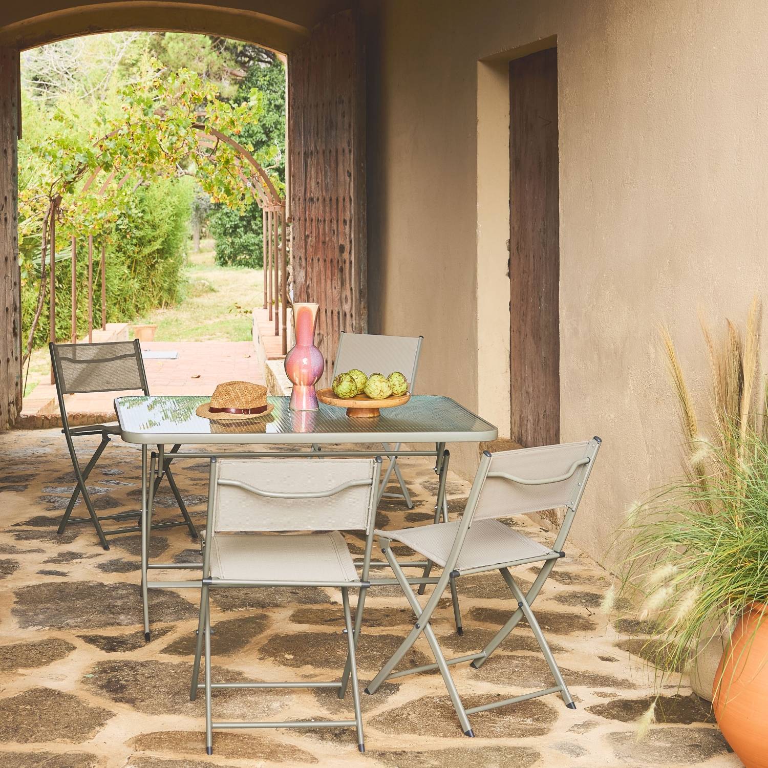 Table de jardin pliante acier + 4 assises textilène kaki - Ancona | sweeek - Image 1