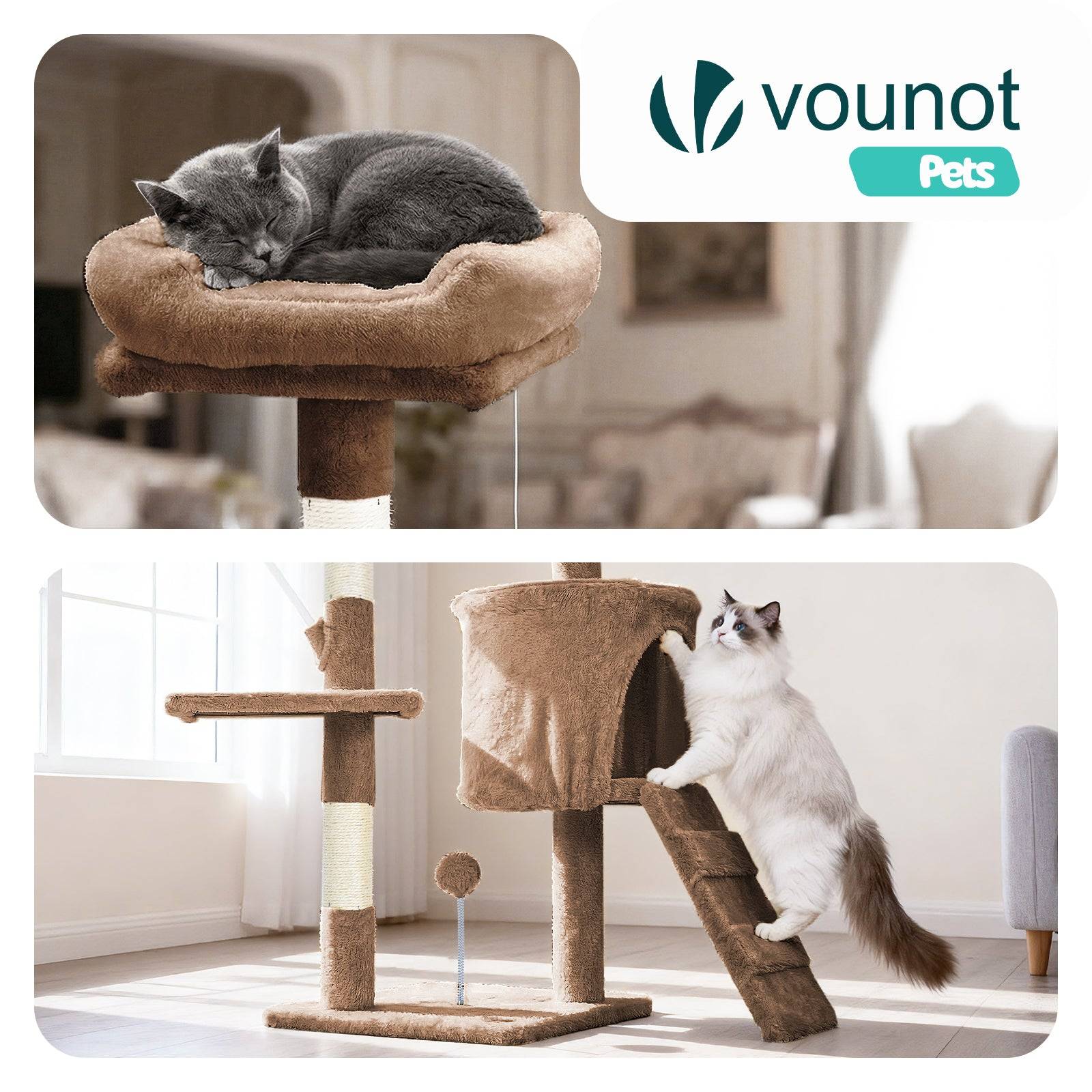 Vounot - Arbre à chat 112cm multi niveaux marron - avec griffoir, niche, jouet et plateforme - arbre à grimper - VOUNOT® - Image 6